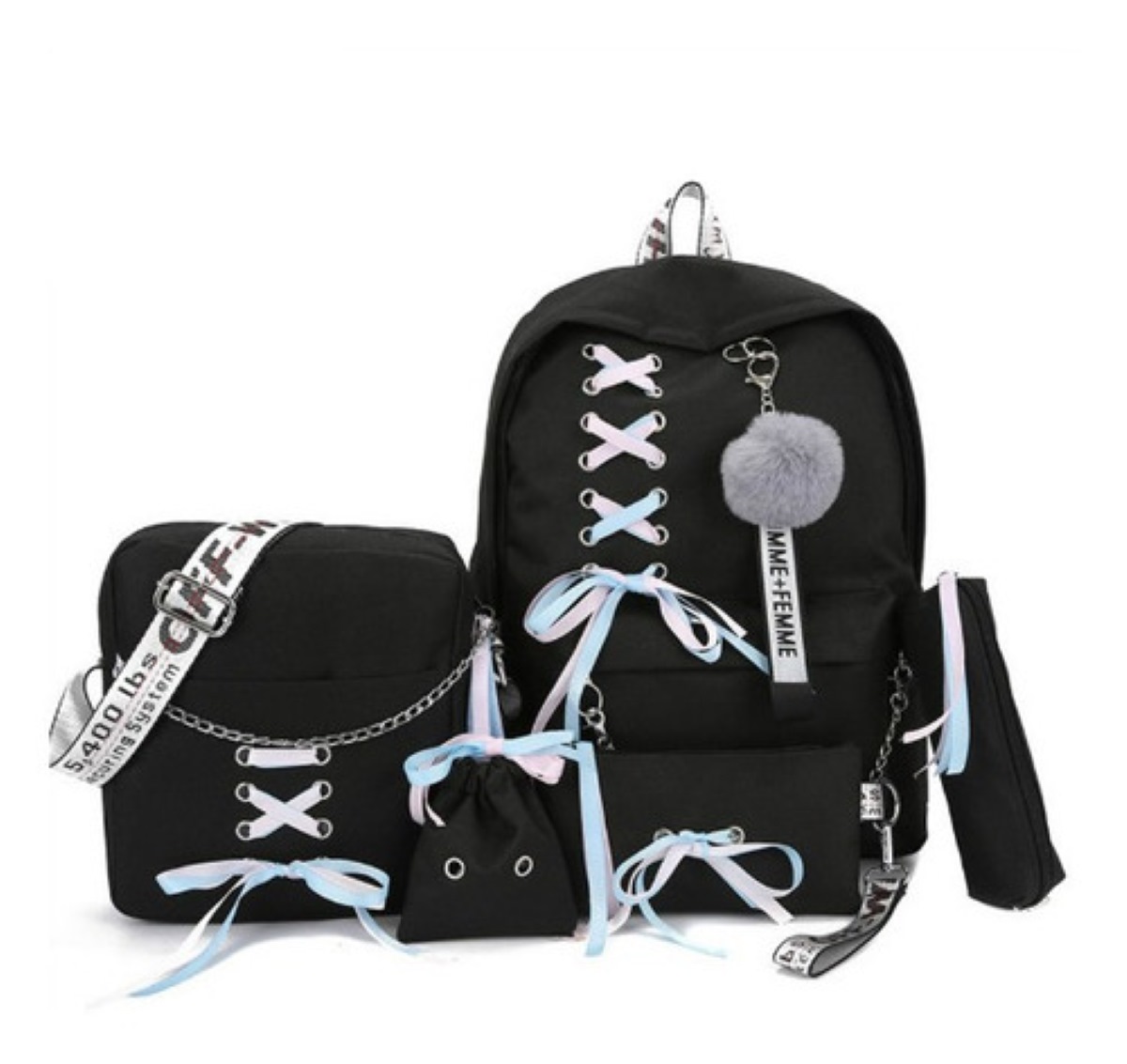 Juego De Mochilas De Viaje A La Moda Para Mujer, 5 Piezas Negro