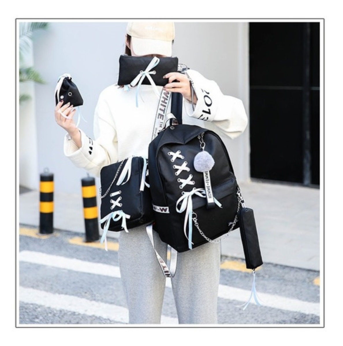 Juego De Mochilas De Viaje A La Moda Para Mujer, 5 Piezas Negro