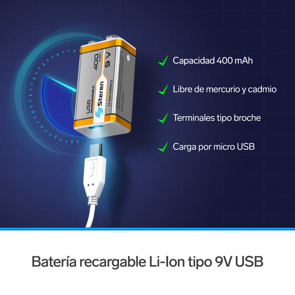 Batería recargable USB Li-Ion tipo 9V (cuadrada), de 400 mAh