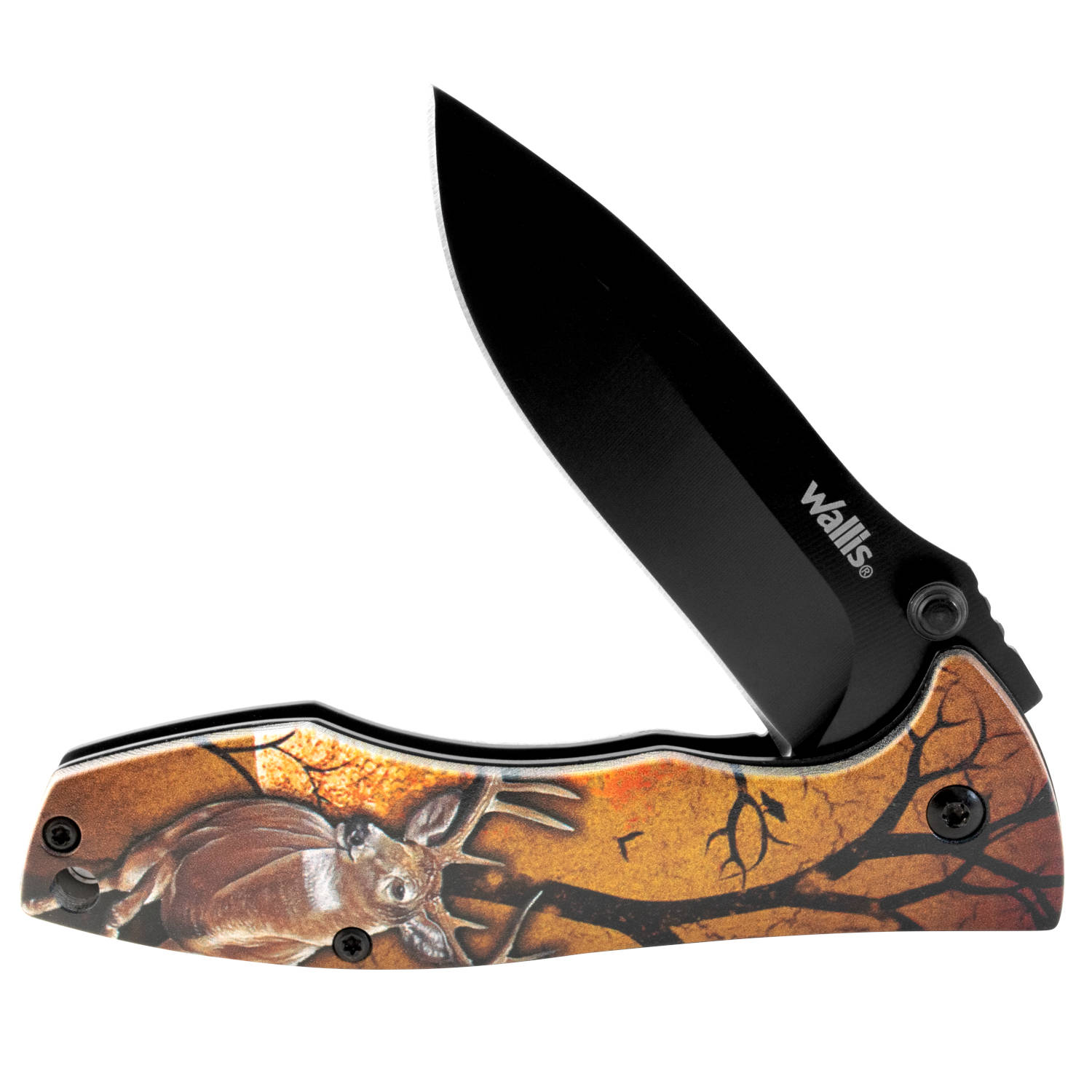 Navaja de bloqueo con mango naranja diseño venado, acero inoxidable