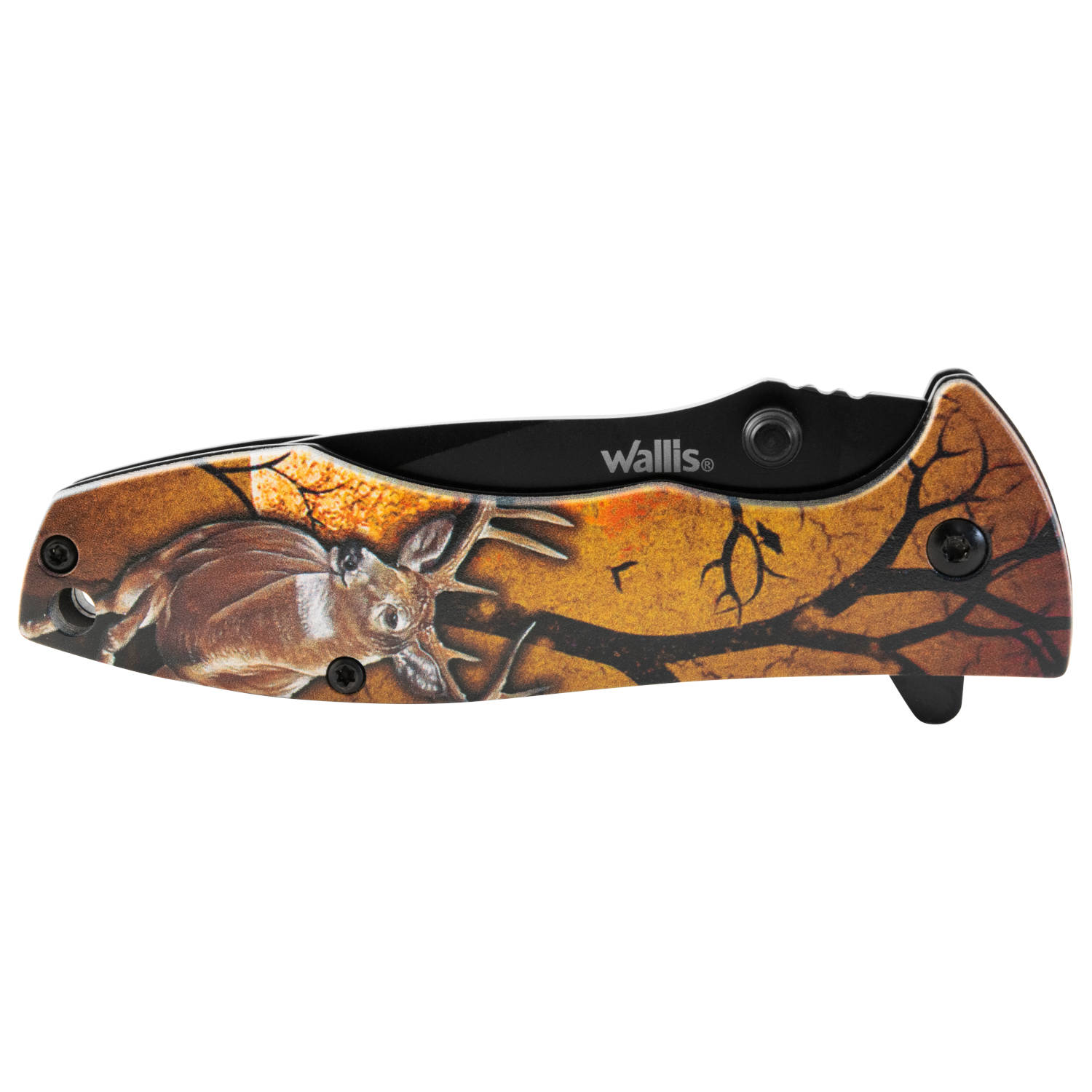 Navaja de bloqueo con mango naranja diseño venado, acero inoxidable