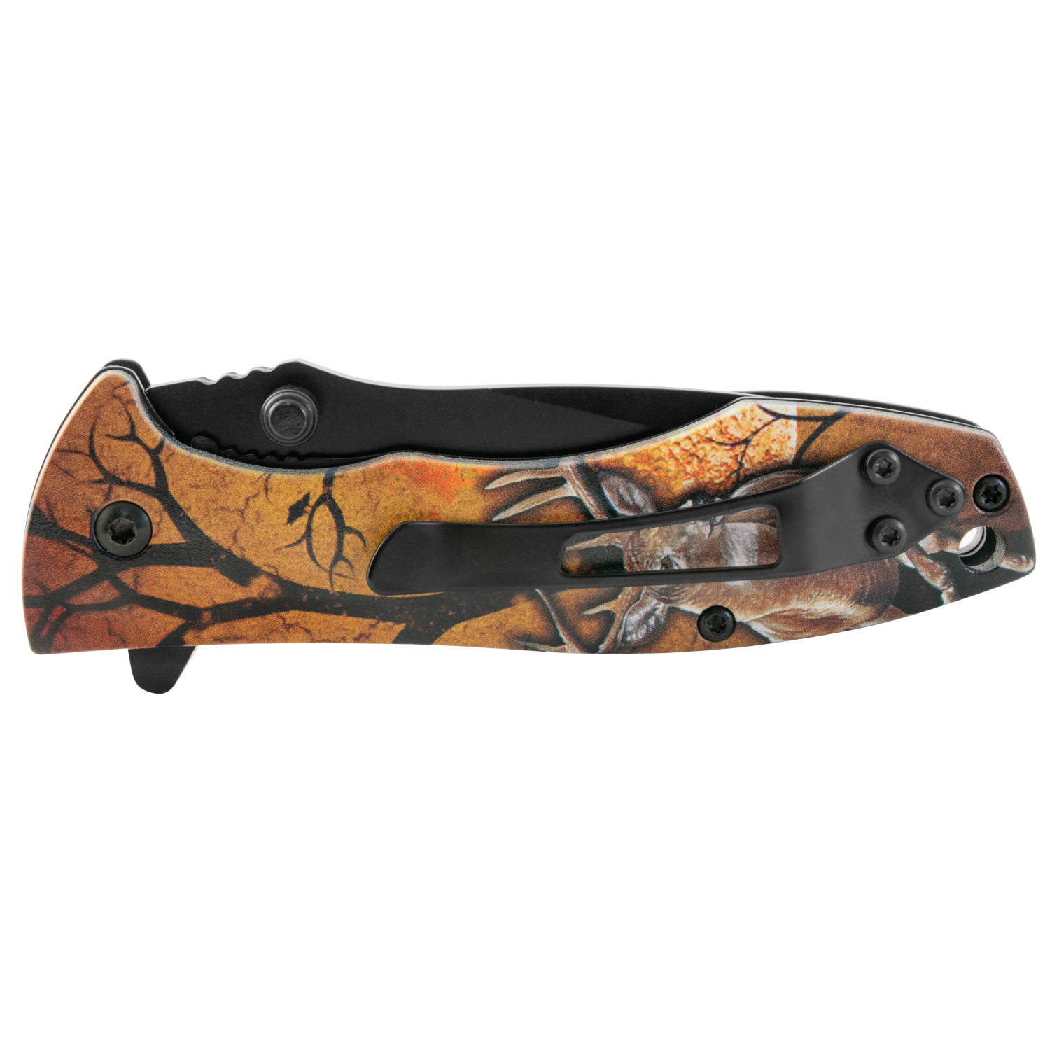 Navaja de bloqueo con mango naranja diseño venado, acero inoxidable