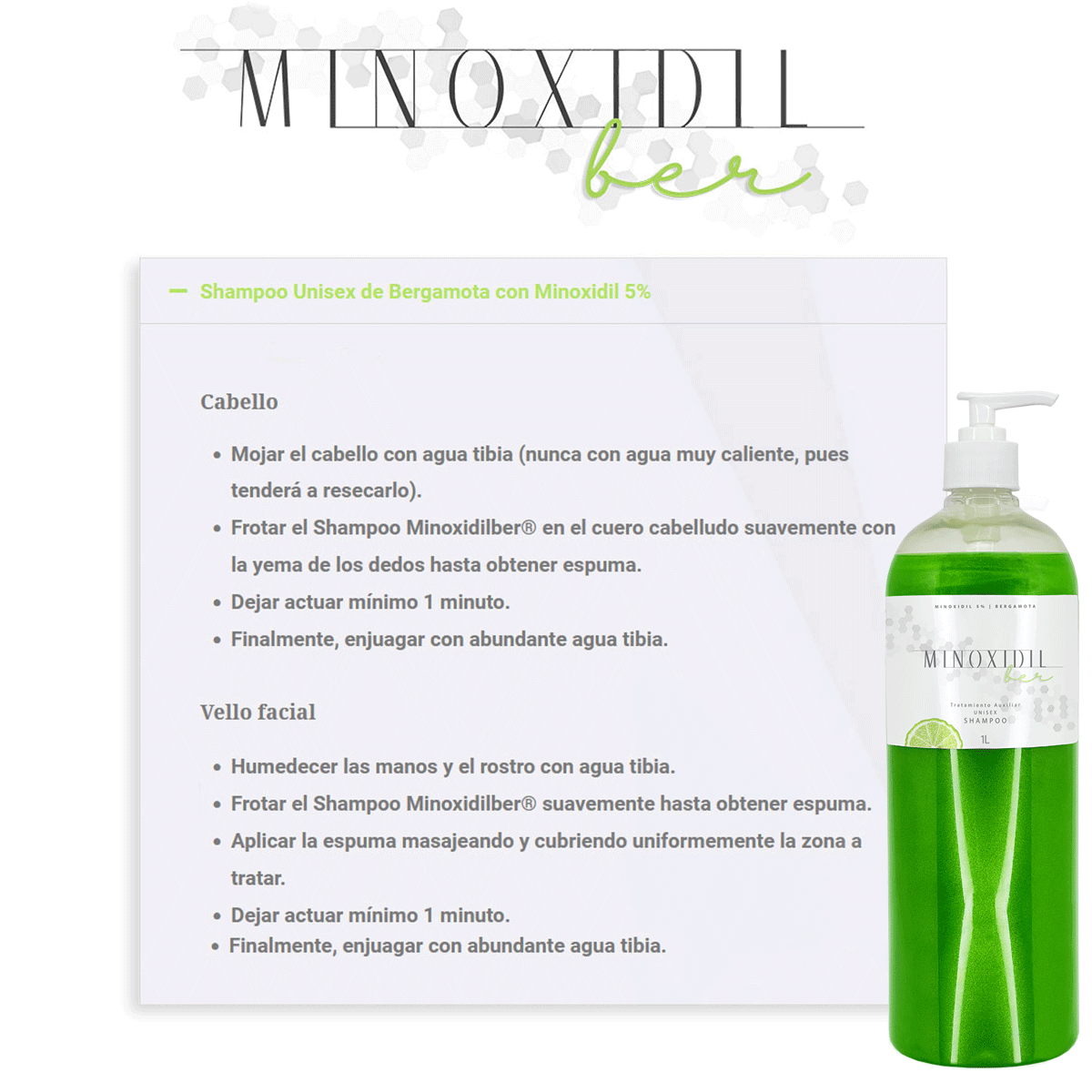 Shampoo UNISEX para cabello y barba con Bergamota y MINOXIDIL 5% 1 Litro Minoxidilber®