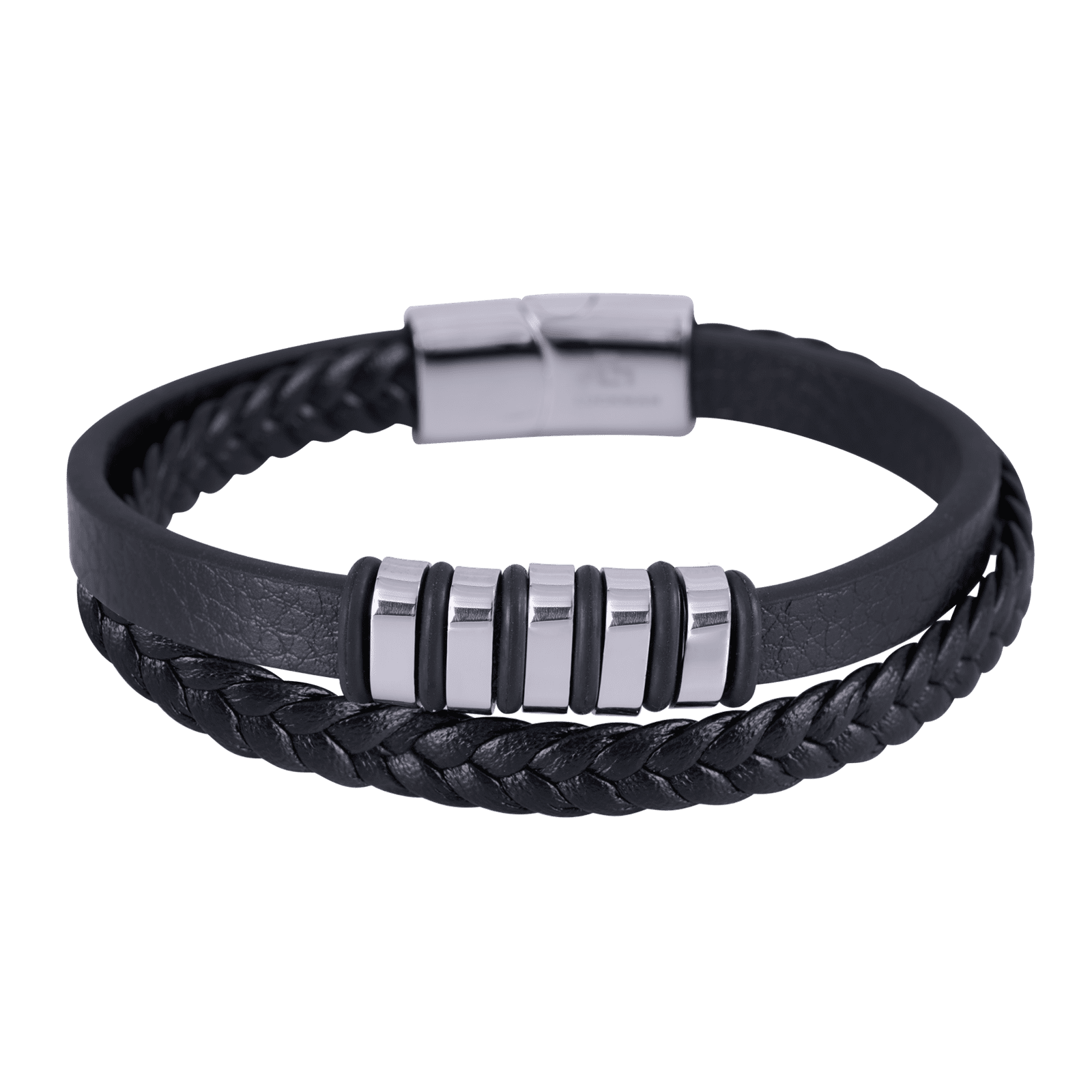 LUCKMAN Pulsera Hombre Acero Inoxidable Color Plata , Brazalete de Cuero Piel Vegana y Broche Magnético - Modelo Blake