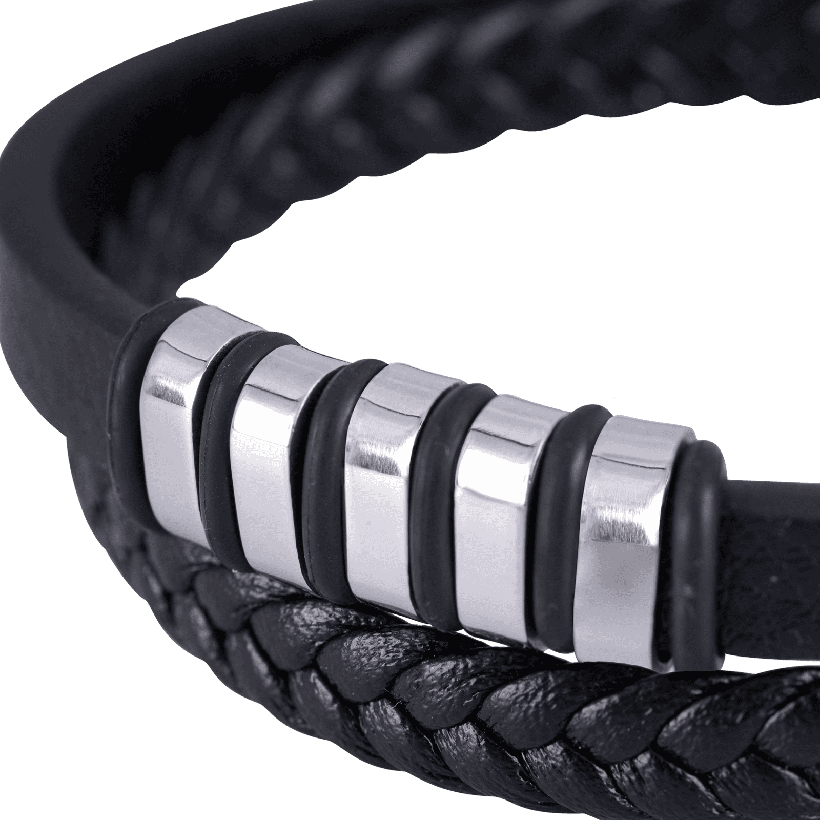 LUCKMAN Pulsera Hombre Acero Inoxidable Color Plata , Brazalete de Cuero Piel Vegana y Broche Magnético - Modelo Blake