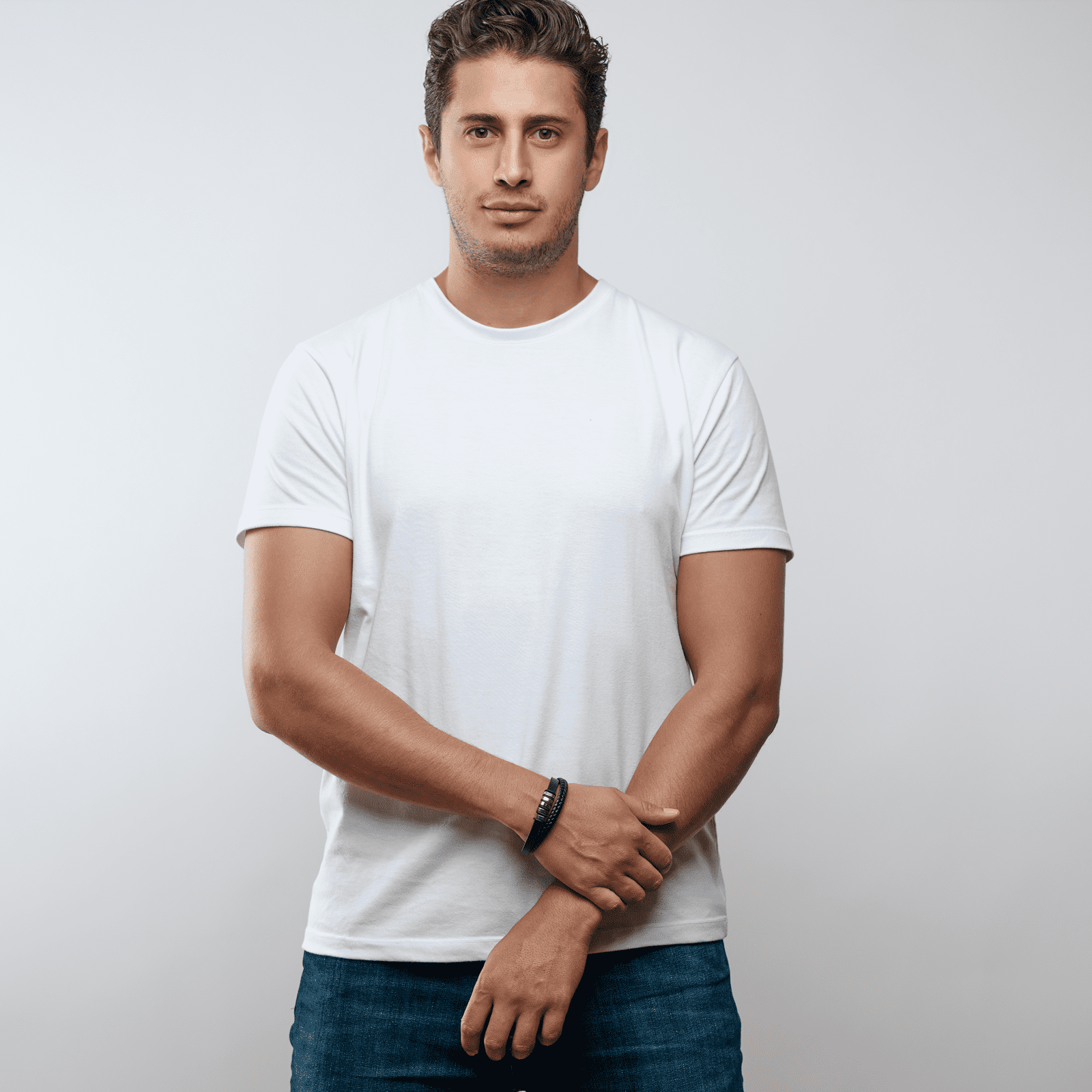 LUCKMAN Pulsera Hombre Acero Inoxidable Color Plata , Brazalete de Cuero Piel Vegana y Broche Magnético - Modelo Blake