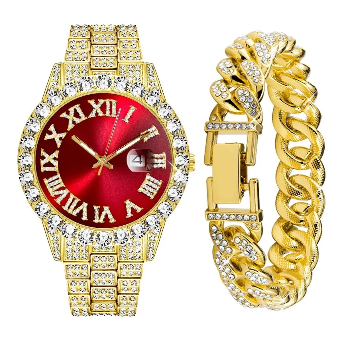 Reloj Y Pulsera De Diamantes Estilo Hip Hop, Dorado Y Rojo