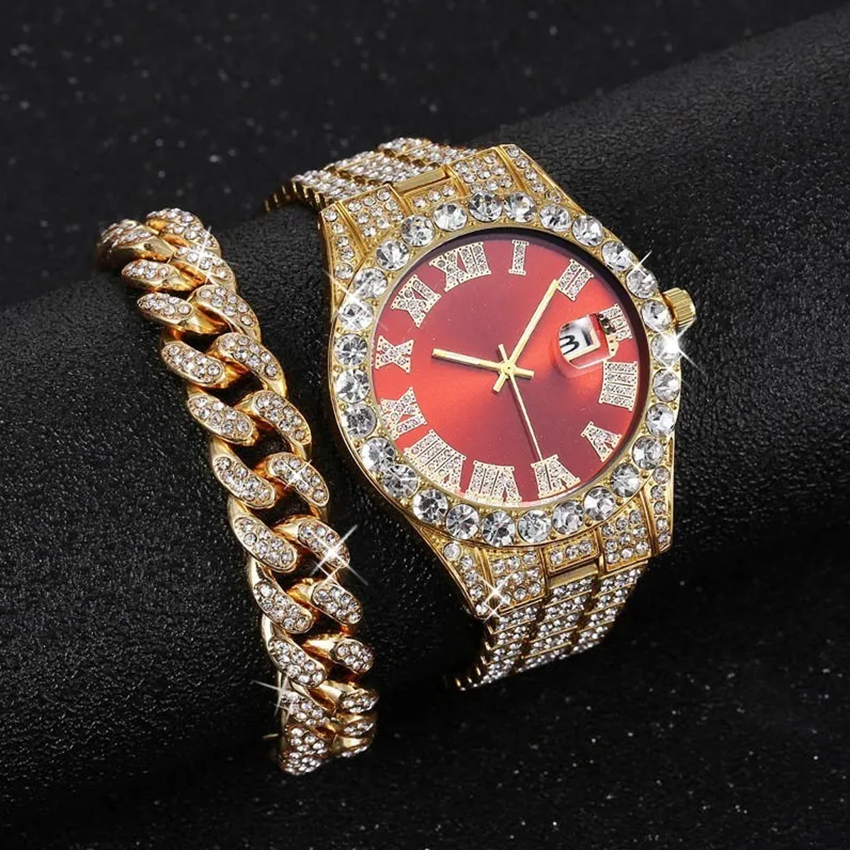 Reloj Y Pulsera De Diamantes Estilo Hip Hop, Dorado Y Rojo