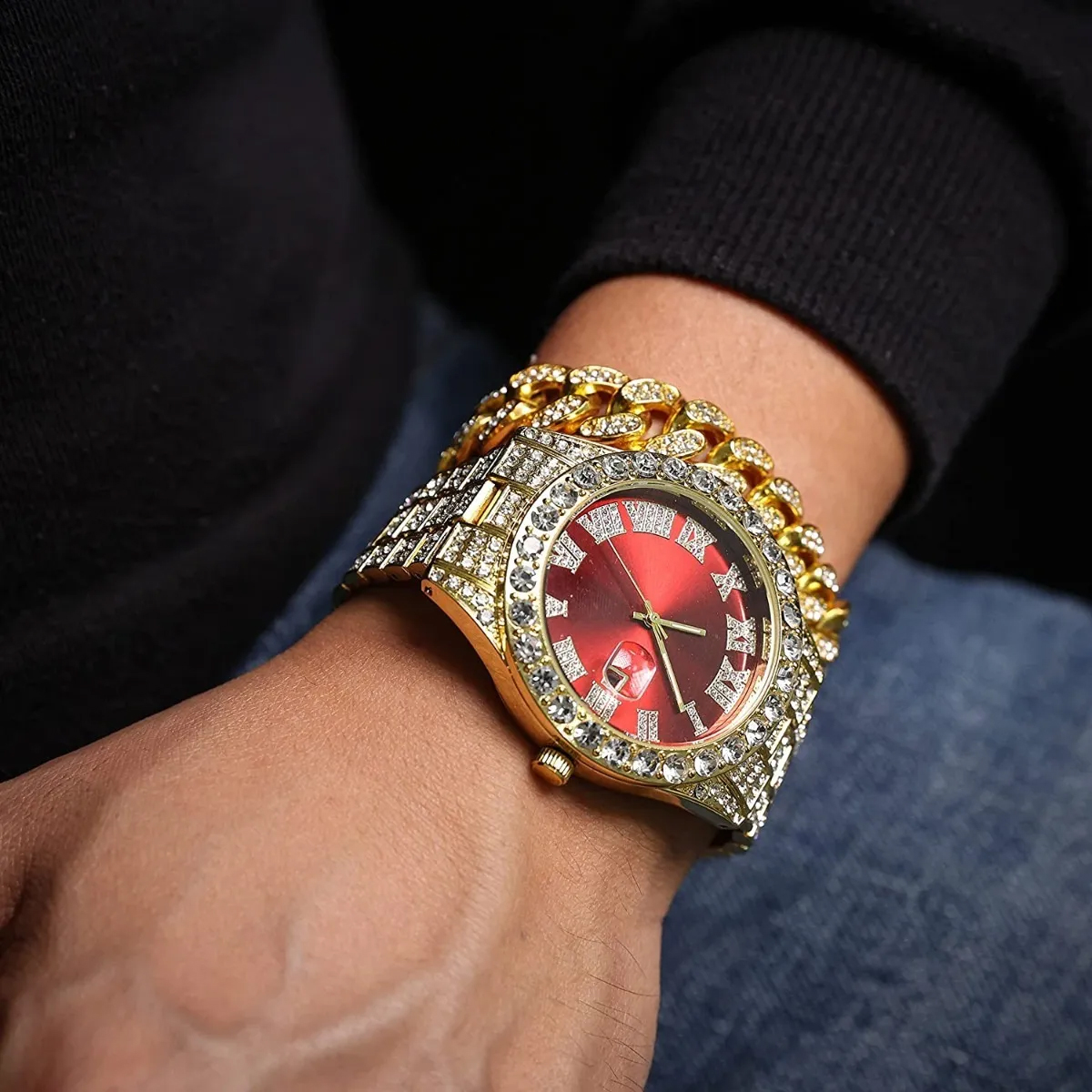 Reloj Y Pulsera De Diamantes Estilo Hip Hop, Dorado Y Rojo