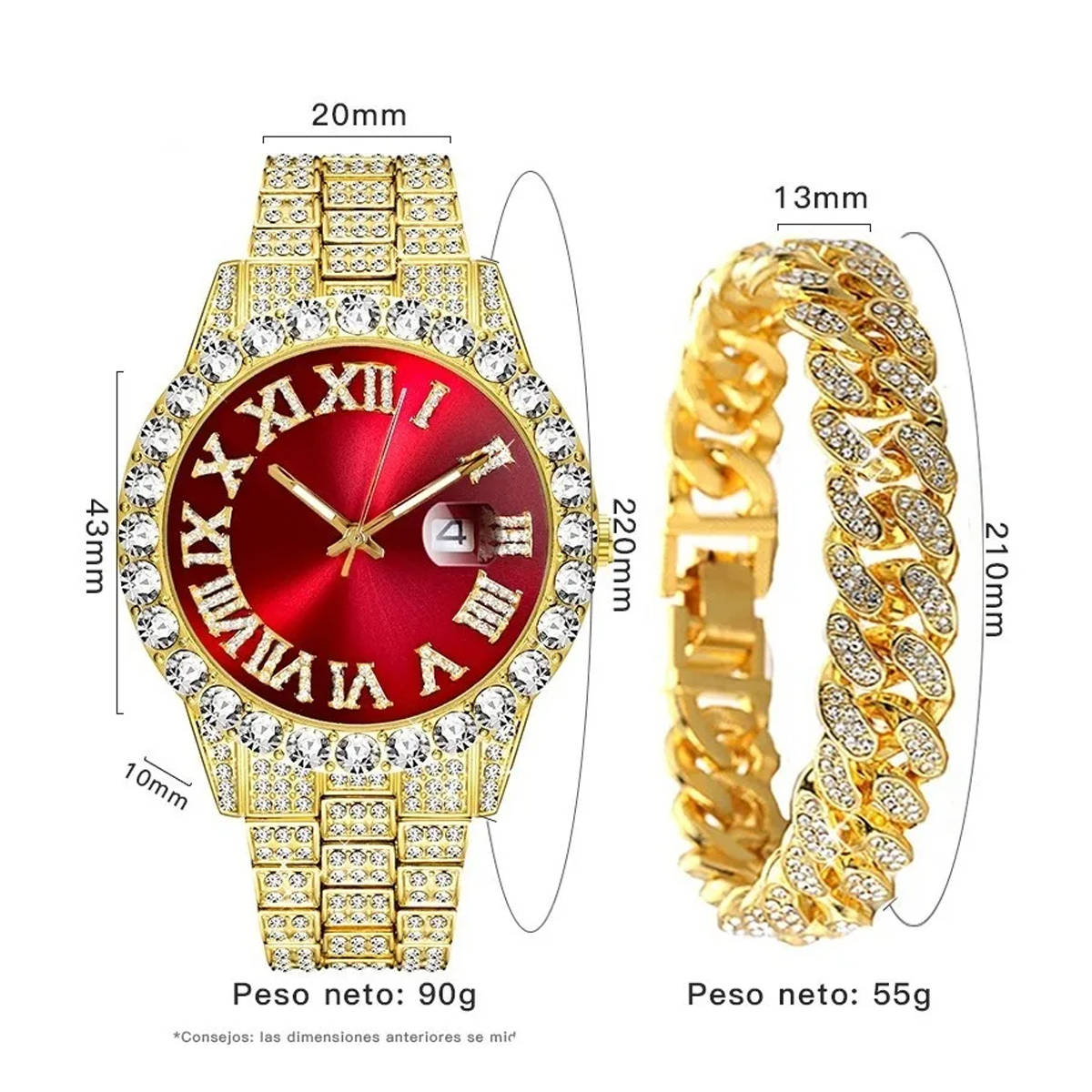 Reloj Y Pulsera De Diamantes Estilo Hip Hop, Dorado Y Rojo