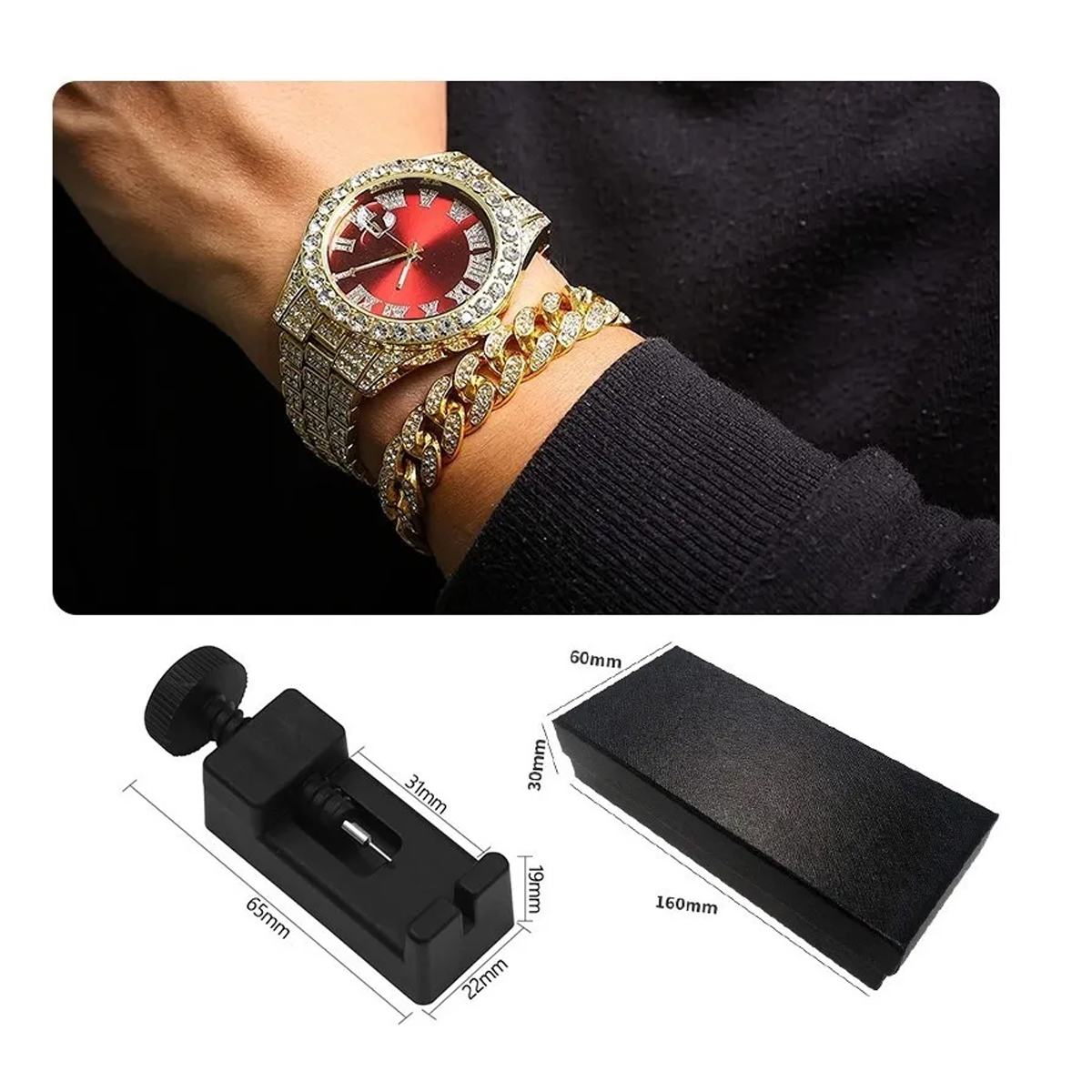 Reloj Y Pulsera De Diamantes Estilo Hip Hop, Dorado Y Rojo