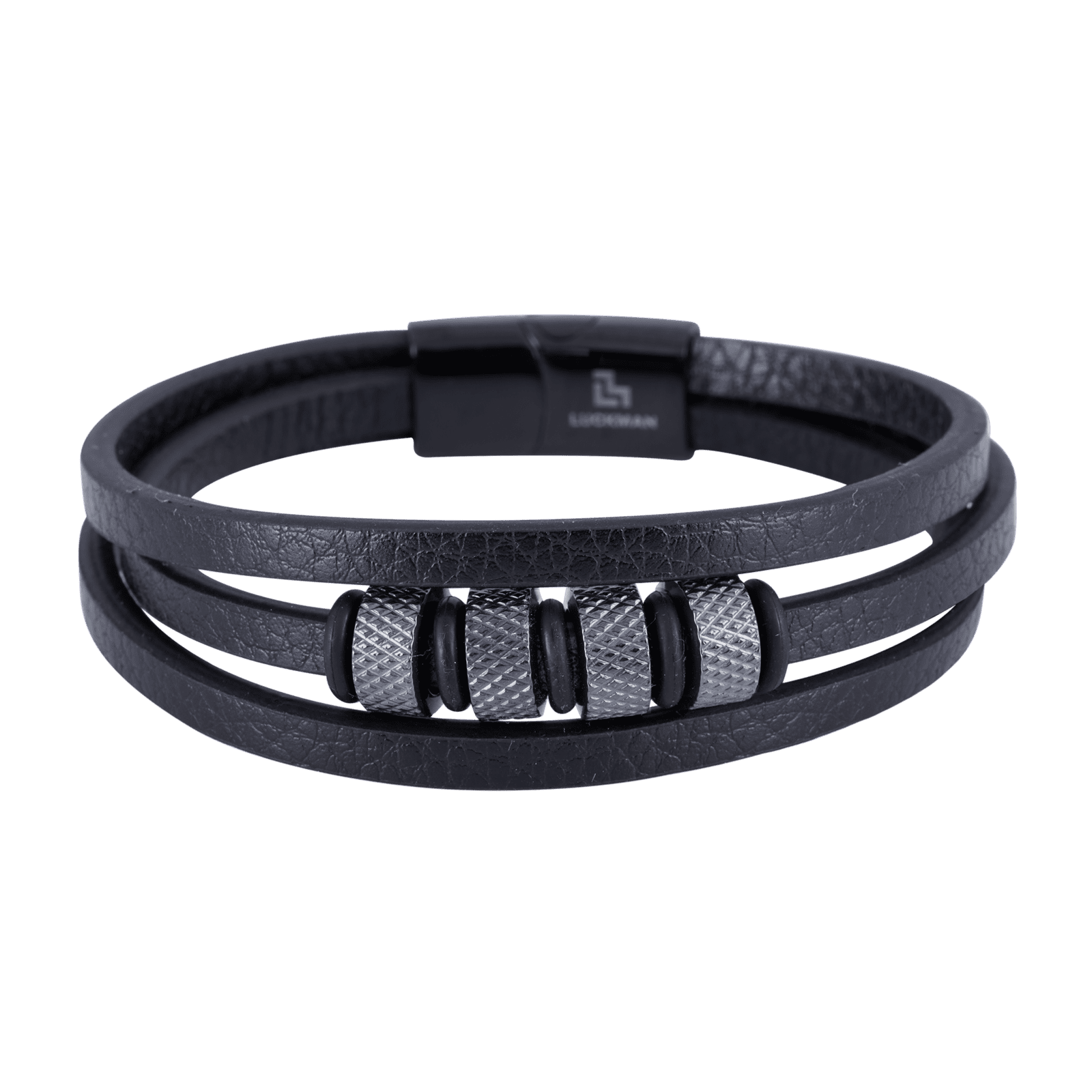 LUCKMAN Pulsera Hombre Acero Inoxidable Color Negro , Brazalete de Cuero Piel Vegana y Broche Magnético - Modelo Max