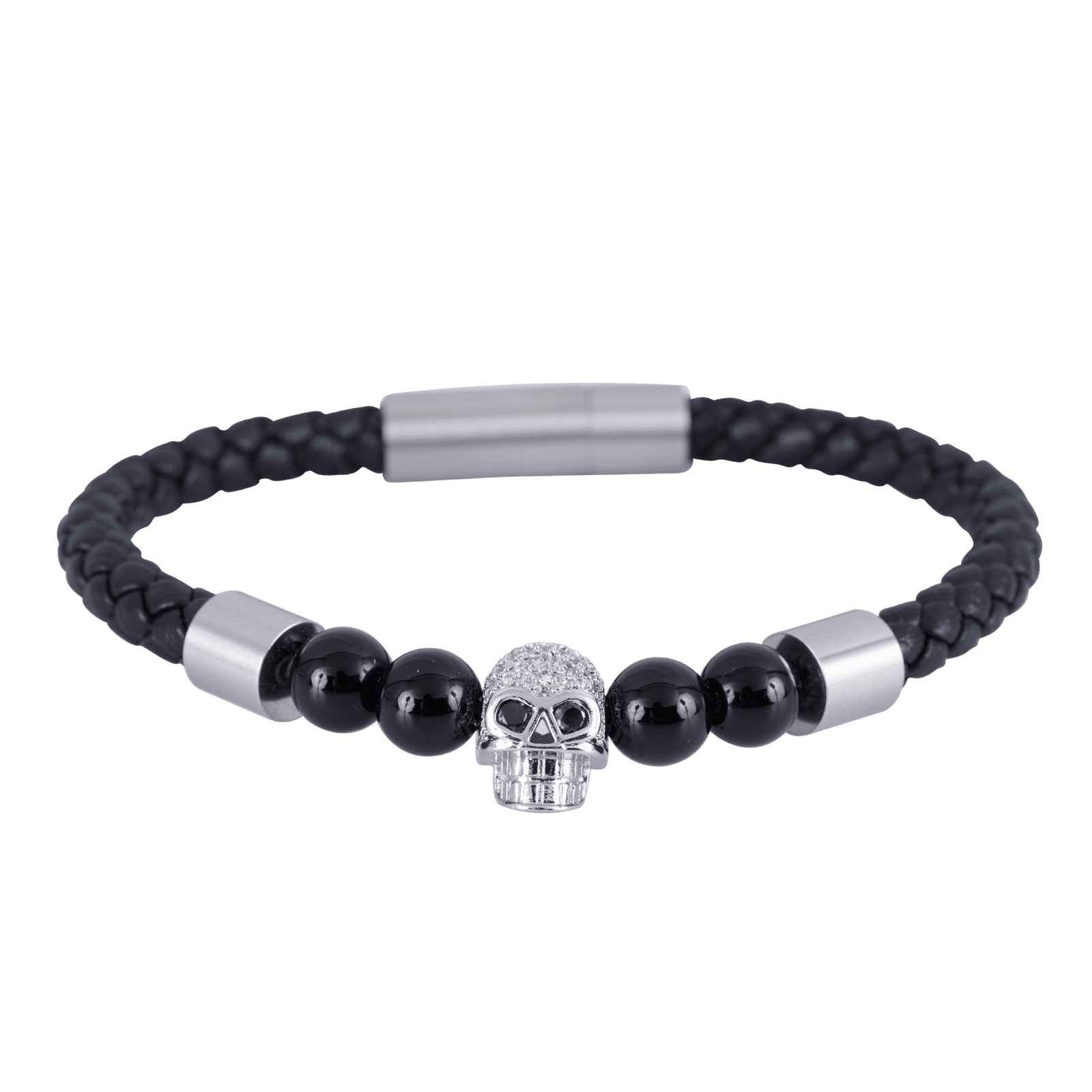 LUCKMAN Pulsera Hombre de Calavera con Zirconias y Piedra Obsidiana Negra , Brazalete de Cuero Piel Vegana y Acero Inoxidable, Broche Magnético - Modelo Greg