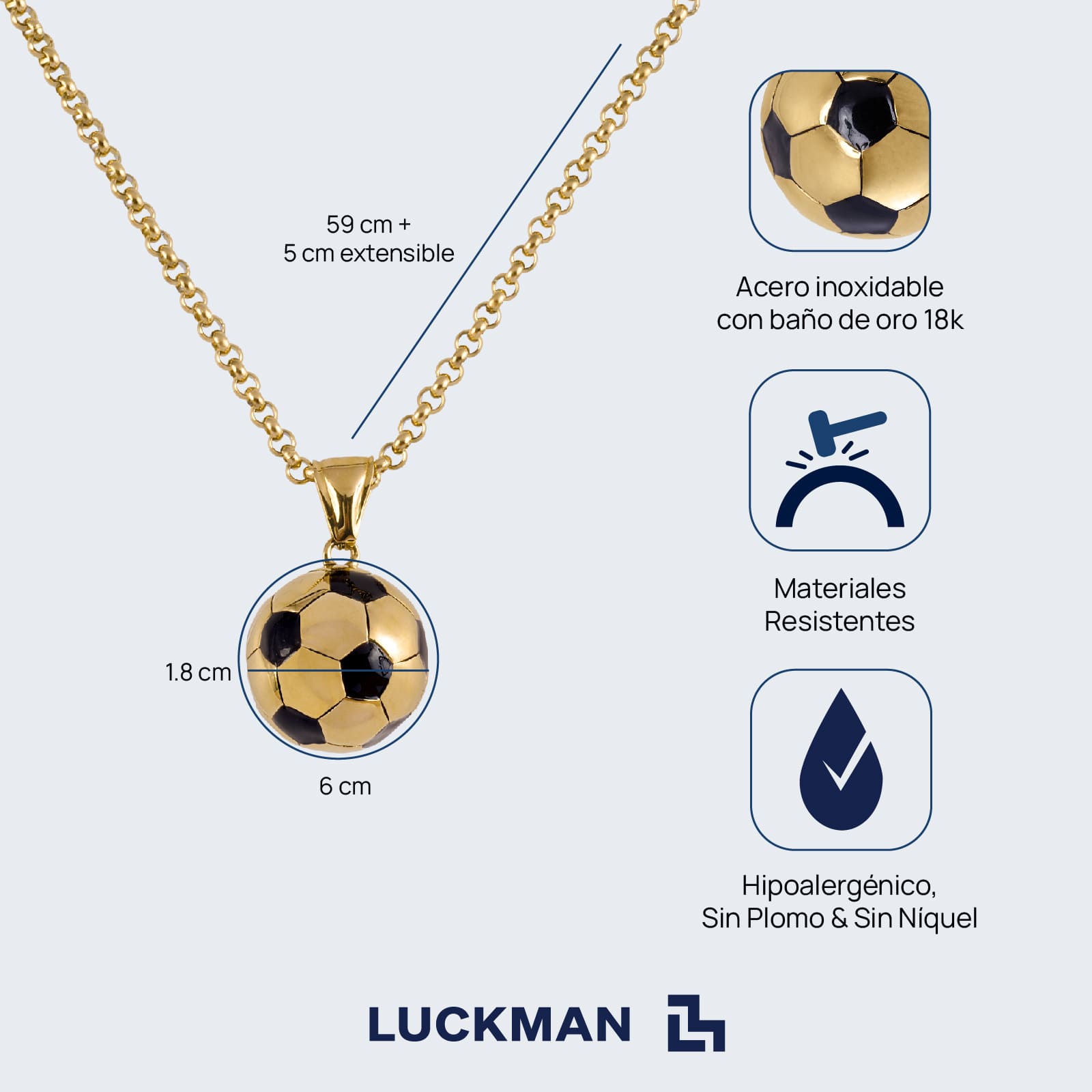 LUCKMAN Collar Hombre de Balón de Fútbol Soccer, Cadena con Dije, Acero Inoxidable Baño de Oro 18k - Modelo Mondo