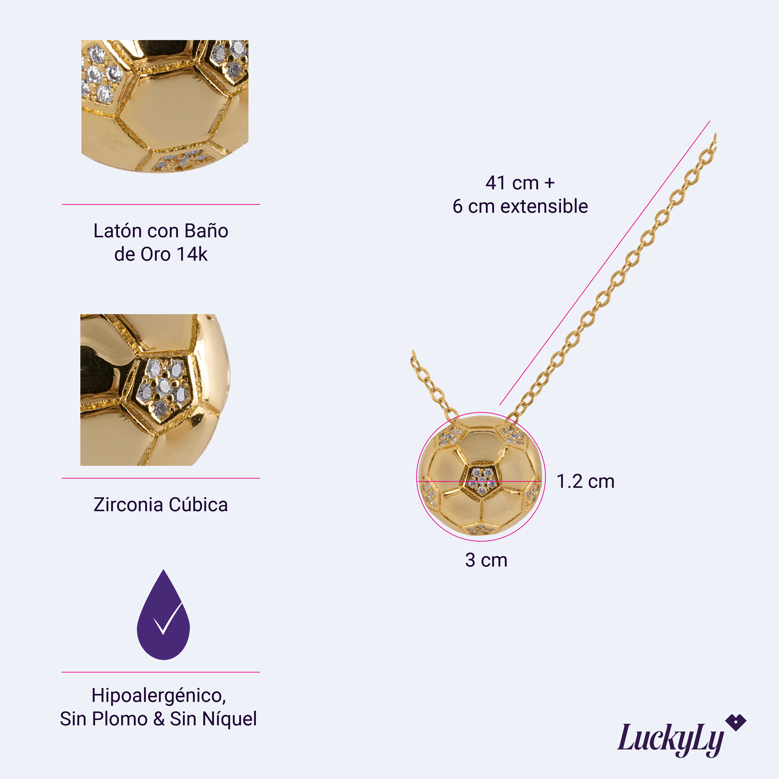LuckyLy Collar Mujer de Balón de Fútbol Soccer con Zirconia Cúbica , Cadena y Dije con Baño de Oro 14k - Modelo Monda