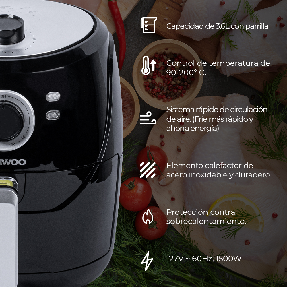Freidora de Aire Daewoo Digital 3.6 Litros temporizador 30 minutos