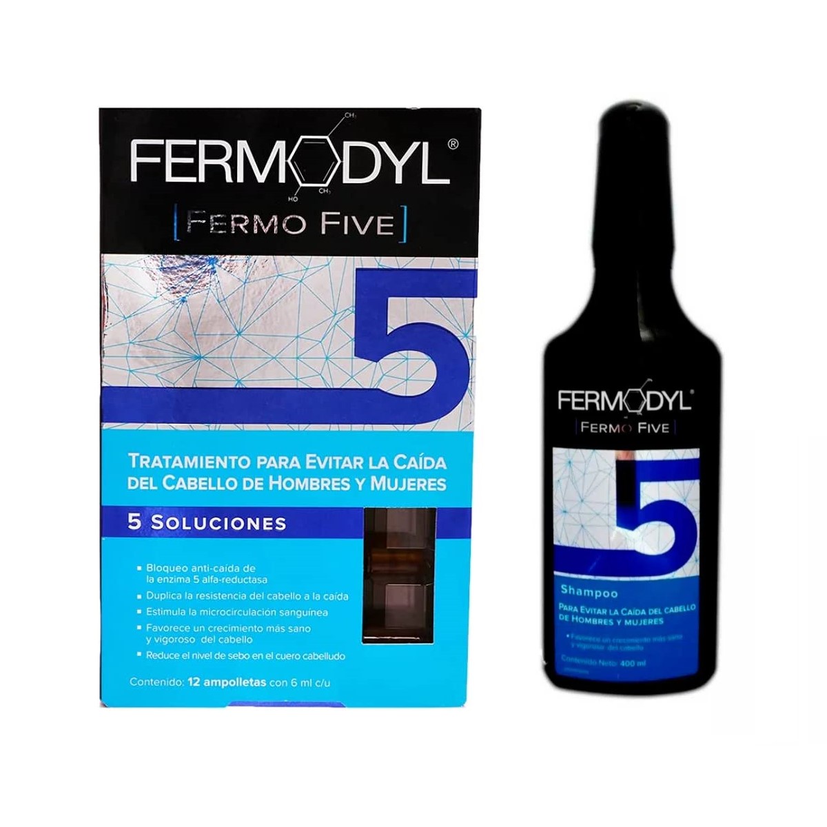 Fermodyl Ampolletas FermoFive 12 Ampolletas de 6ml y Shampoo Fermodyl de 400 ml (Combo 2x1)