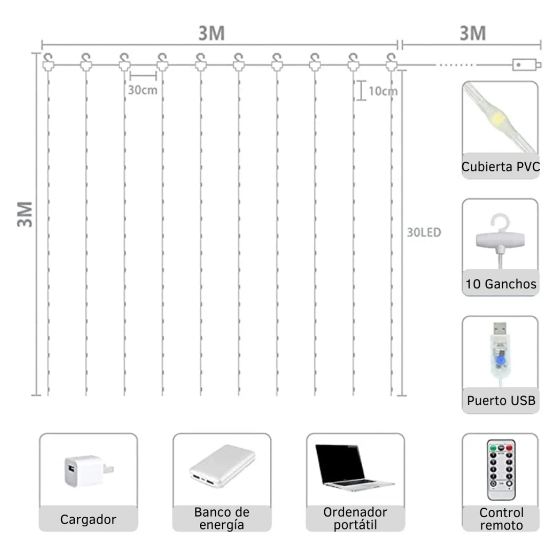 Cortina Decorativa Led 8 Modos de iluminación 3x3 metros USB Recubierta PVC Anti Agua Dosyu