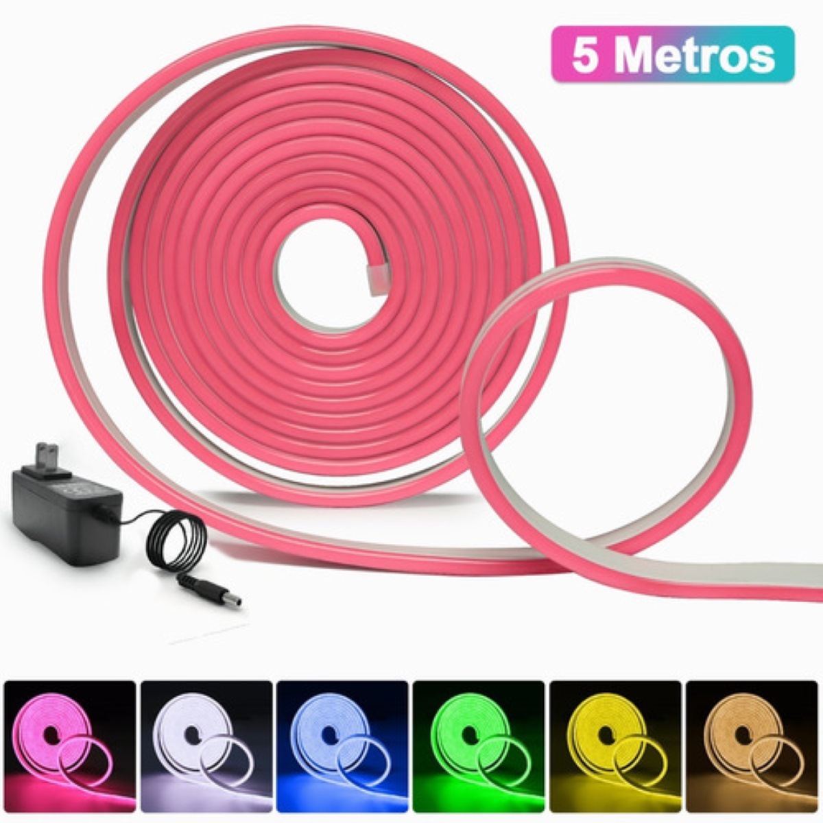 Tiras De Led Luz De Neón Flexible 5m Con Fuente 12v Pink