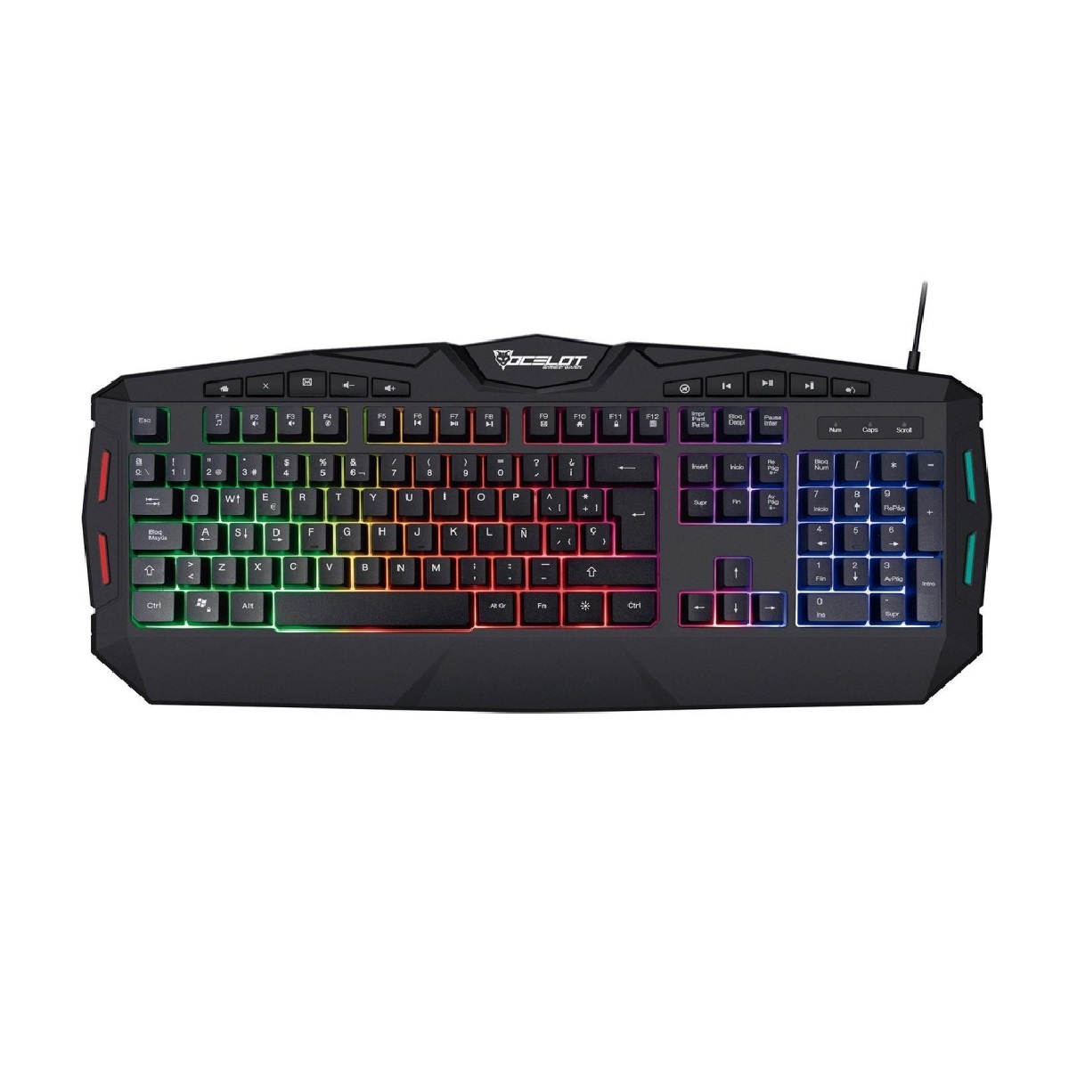 Teclado Membrana Extendido Ocelot Alambrico Negro Iluminación Tipo Arcoíris Gamer 