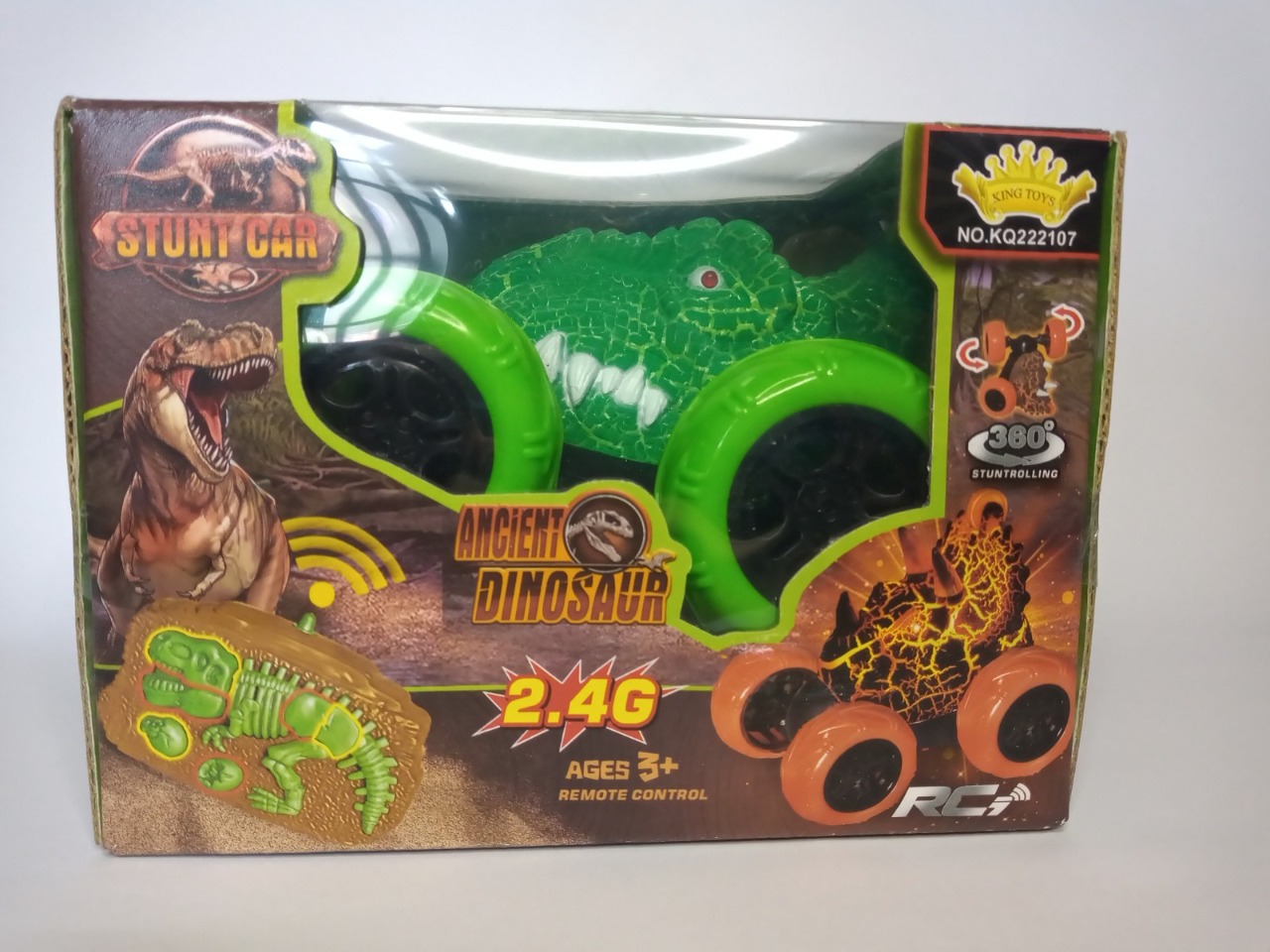 Carro Stun Car Cabeza De Dinosaurio Jurásico Radio Control Verde Amarillo