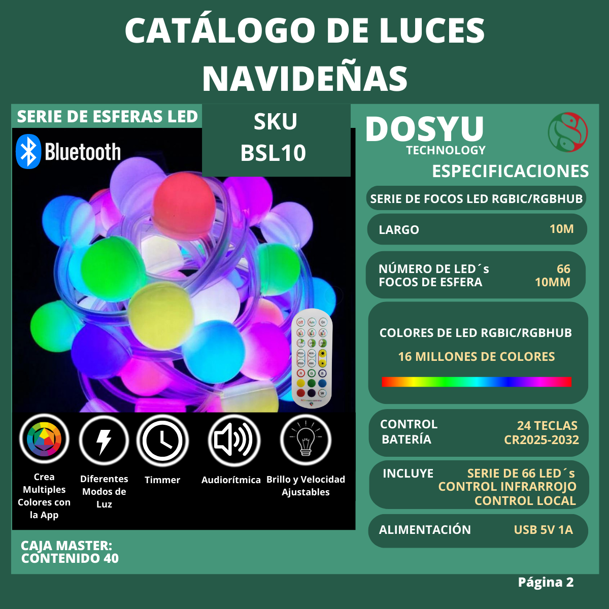 Serie de esferas LED 66 Focos 10 Metros D10mm App Audio rítmico RGBHUB IP65 DOSYU