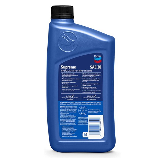 Chevron havoline Supreme Synthetic Blend Motor Oil 30, 1 cuarto de galón