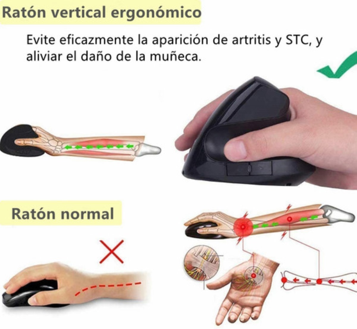 Mouse Ratón Vertical Inalámbrico Ergonómico Recargable 2.4g Negro con Rojo