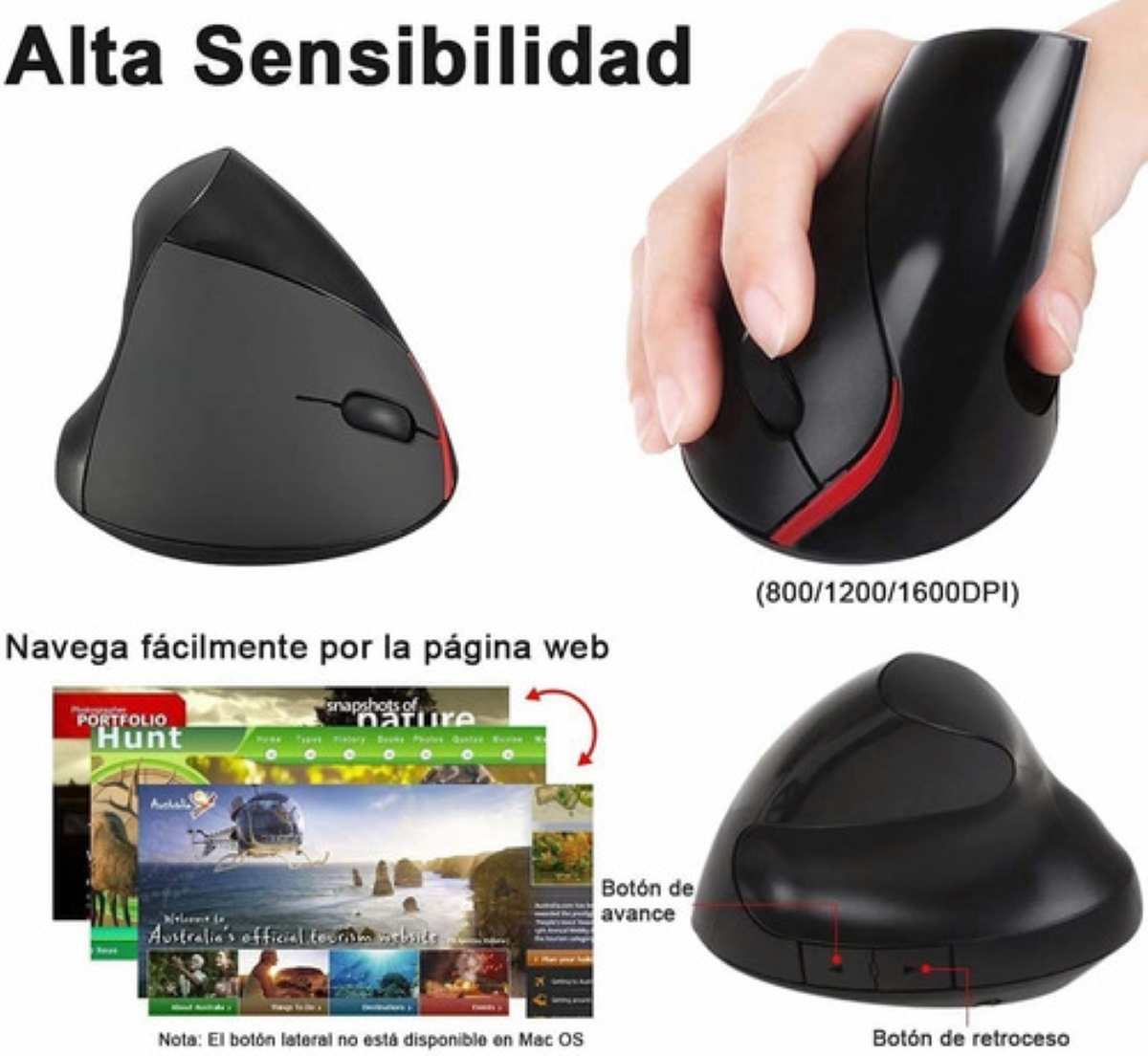 Mouse Ratón Vertical Inalámbrico Ergonómico Recargable 2.4g Negro con Rojo
