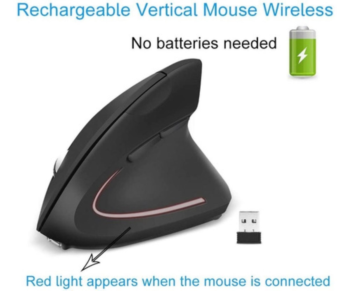 Mouse Ratón Vertical Inalámbrico Ergonómico Recargable 2.4g Negro con Gris