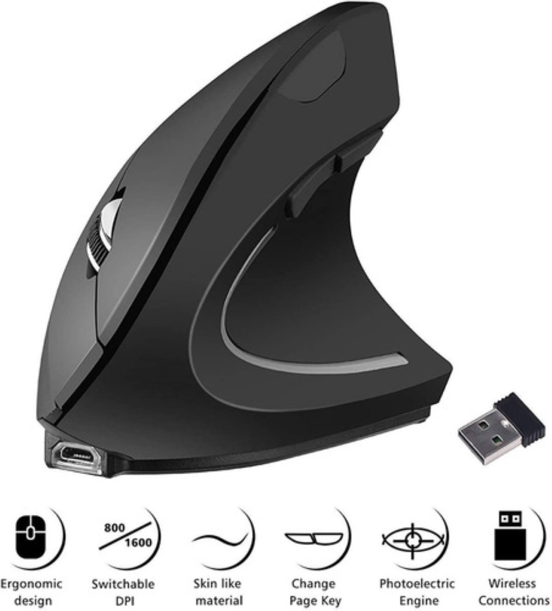 Mouse Ratón Vertical Inalámbrico Ergonómico Recargable 2.4g Negro con Gris