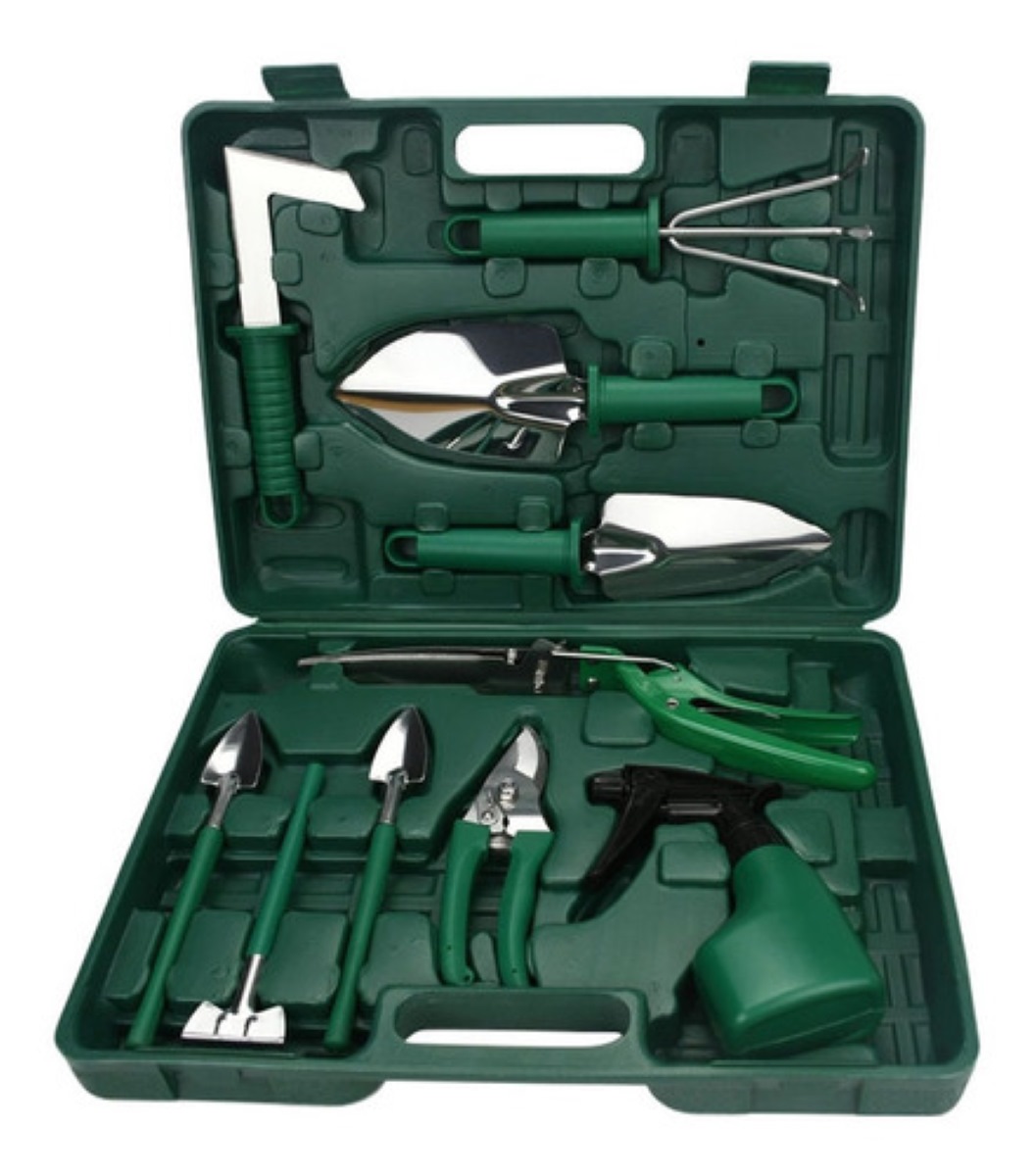 Juego Herramientas De Jardinería Acero Inoxidable con caja 10 piezas Verde