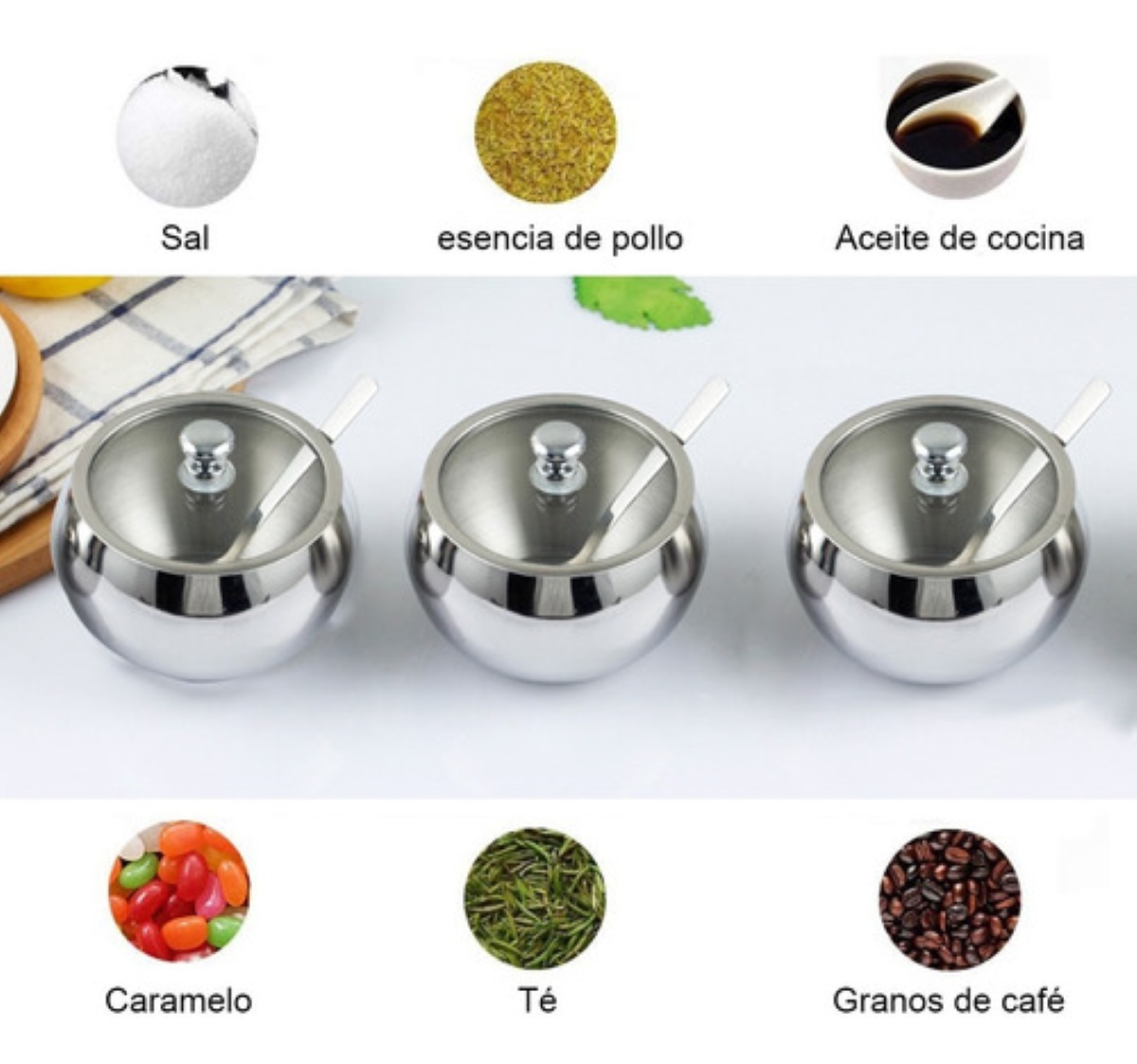 Tarro De Azúcar o Condimentos Con Tapa Y Cuchara plata