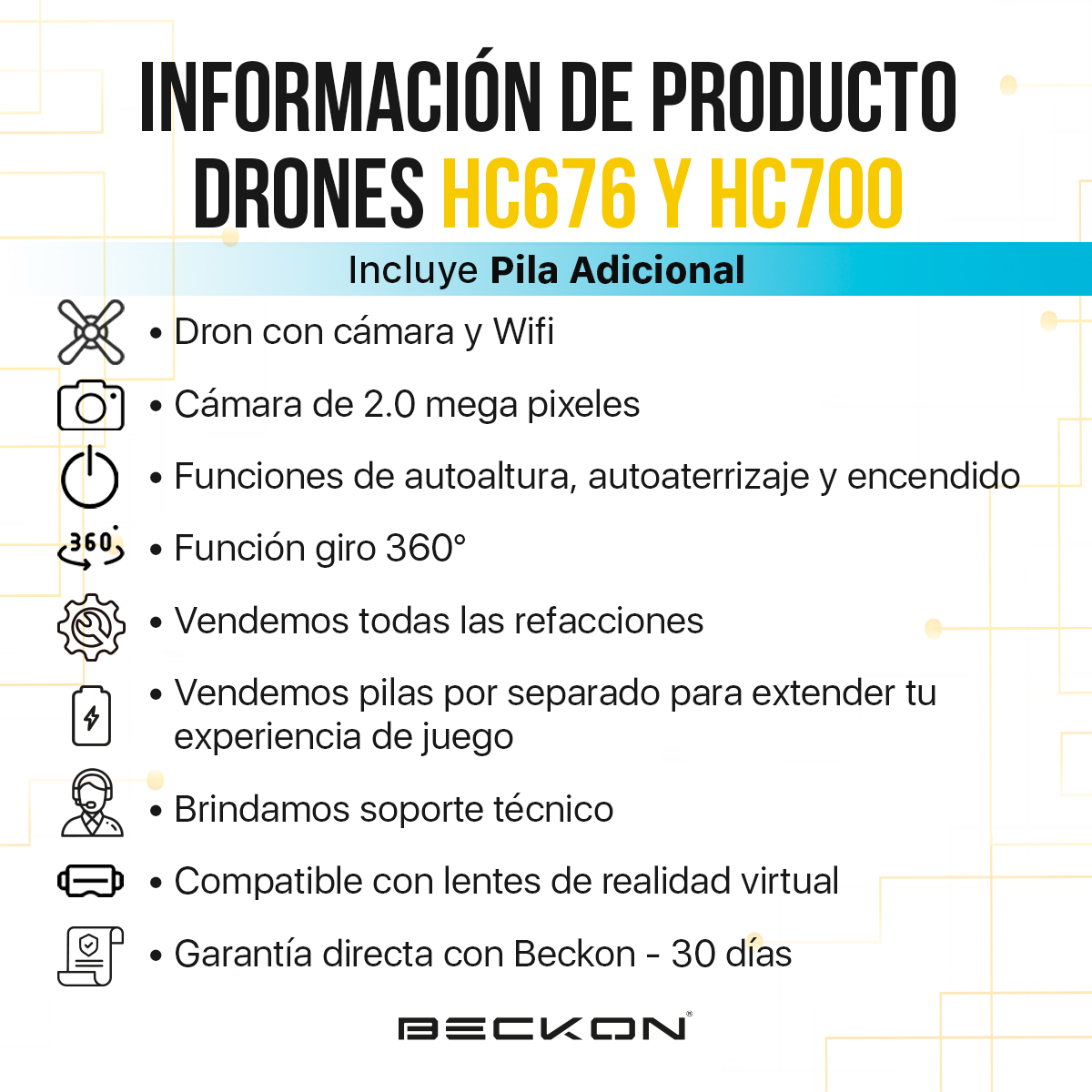 Dron a control remoto de juguete con cámara wifi + pila adicional Drone Beckon