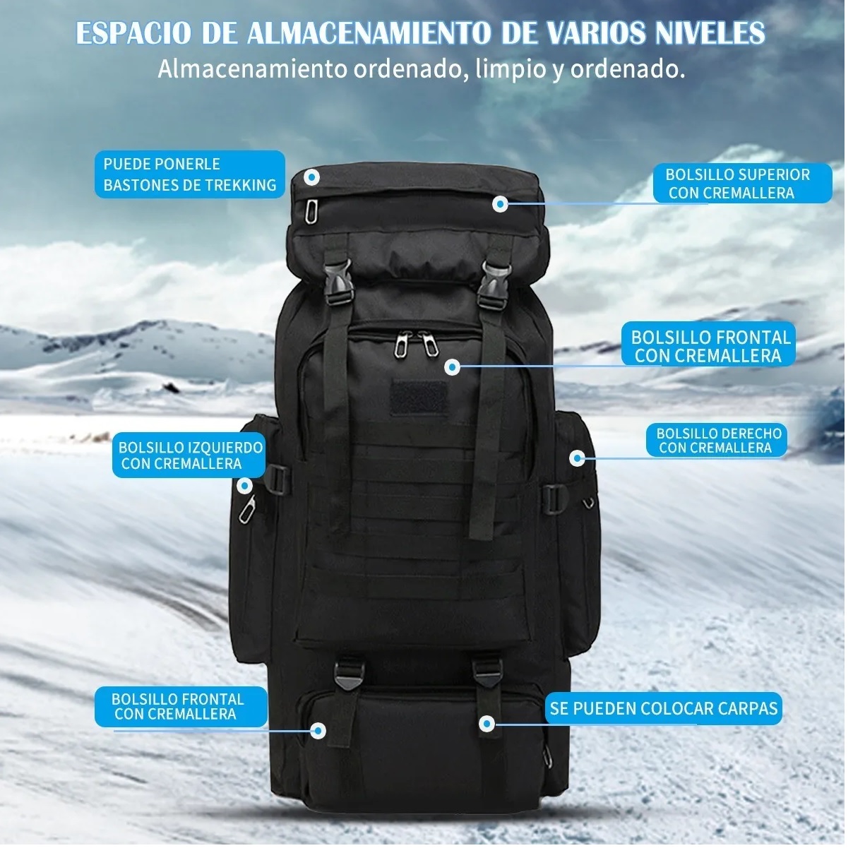 Mochila Tactica Militar 50l Montaña Resistente Negro