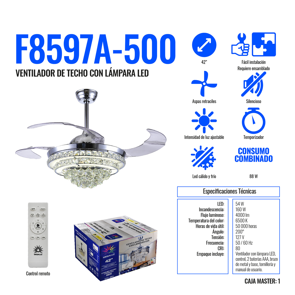 Ventilador De Techo Con Lámpara LED Megaluz F8597A-500