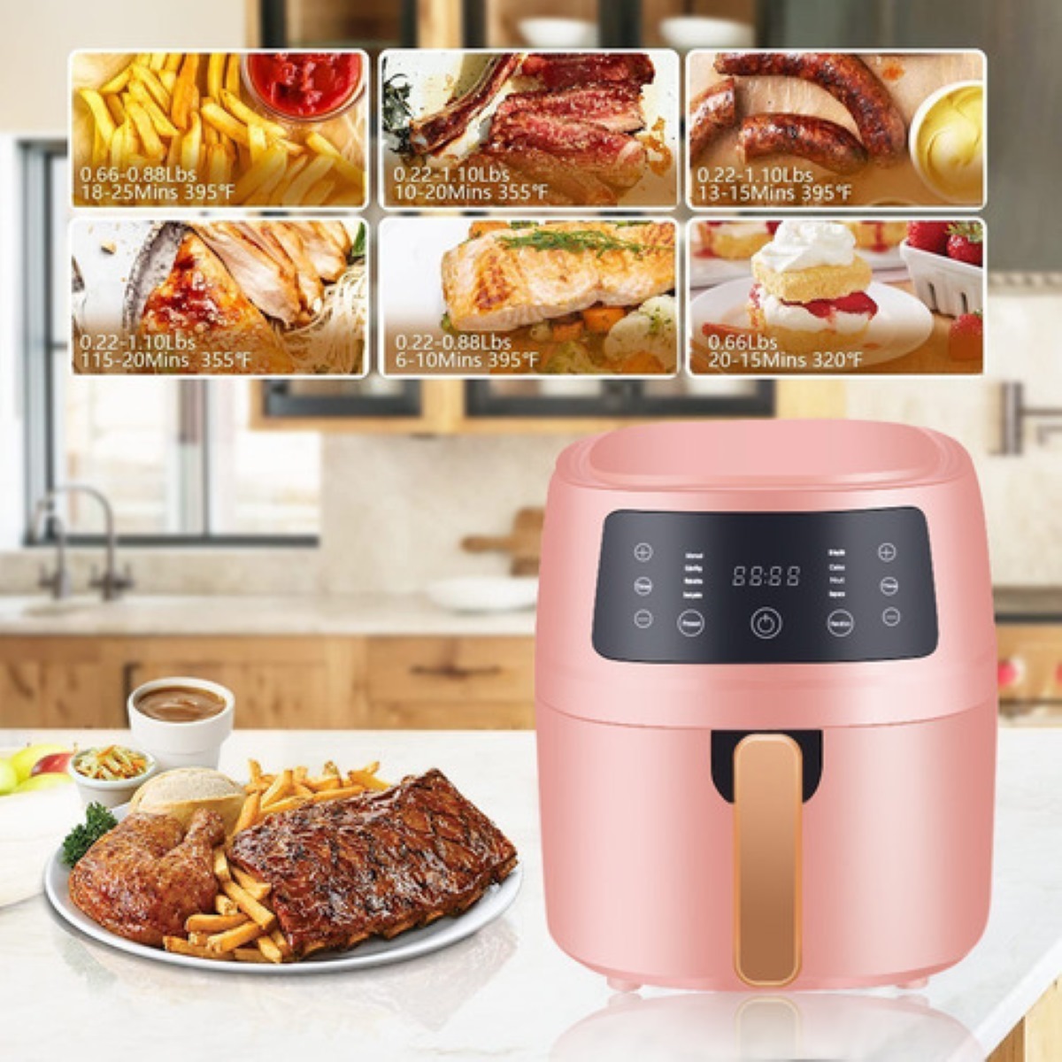 Freidora Electrica De Aire Sin Aceite 6 L Touch Digital Rosa 