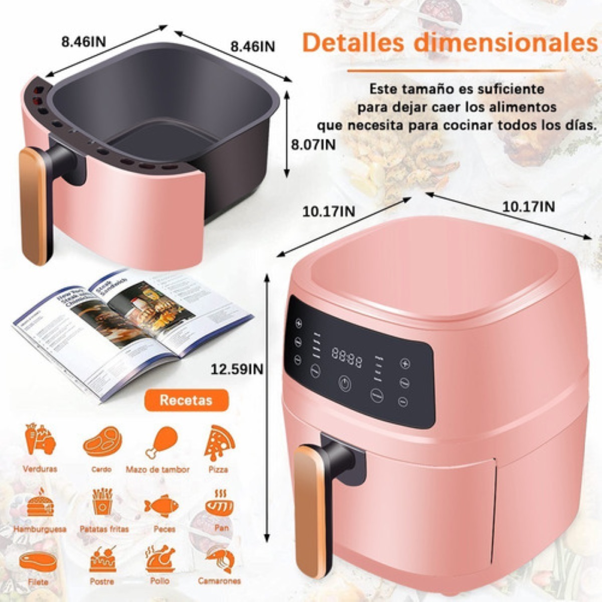 Freidora Electrica De Aire Sin Aceite 6 L Touch Digital Rosa 