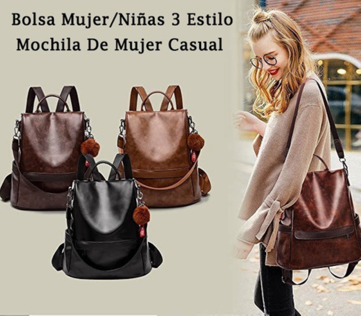 Mochila De Mujer Casual 3 Estilo color Marron 