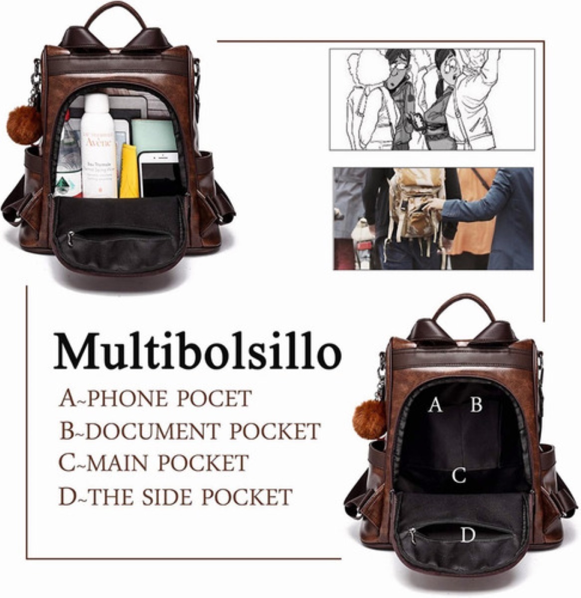 Mochila De Mujer Casual 3 Estilo color Marron 