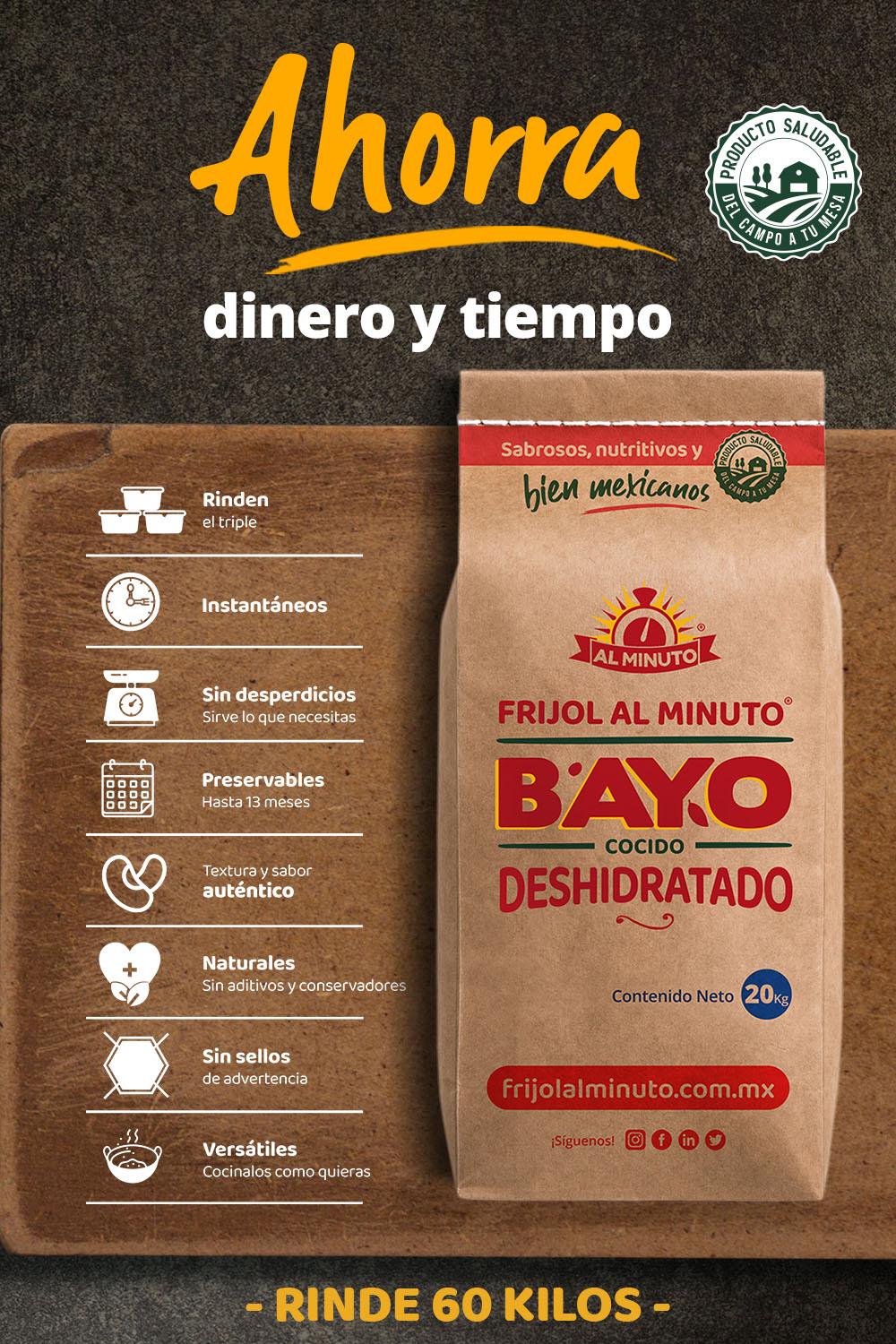 Frijol Al Minuto - Bayo instantáneo - Costal 20kg, rinde 60kg