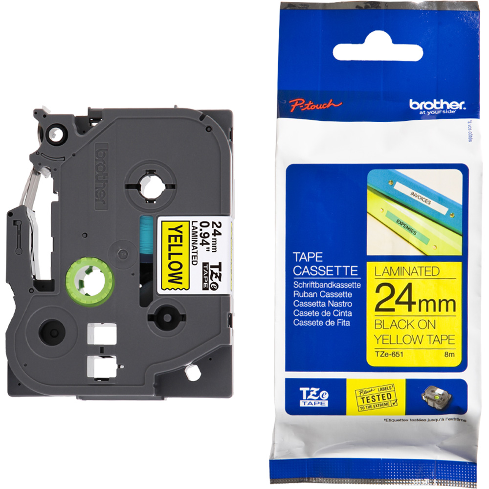 Cinta brother tze651 - texto negro sobre fondo amarillo - 24mm x 8mts. - laminada