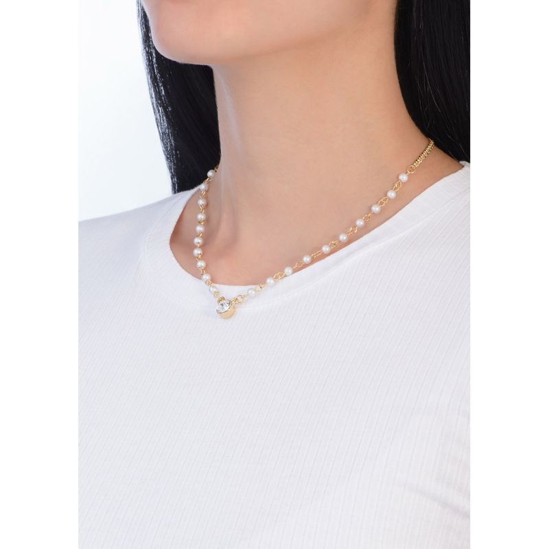 COLLAR NICE 4 BAÑOS DE ORO DE 18K CON PIEDRA COLOR CRISTAL Y PERLAS