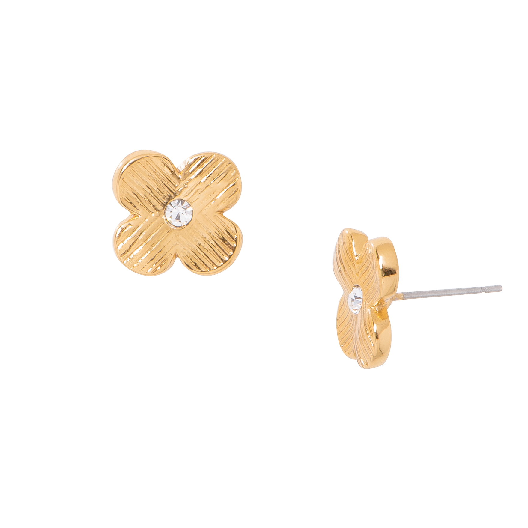 ARETES NICE CON 4 BAÑOS DE ORO DE 18K FLORES CON PIEDRA COLOR CRISTAL