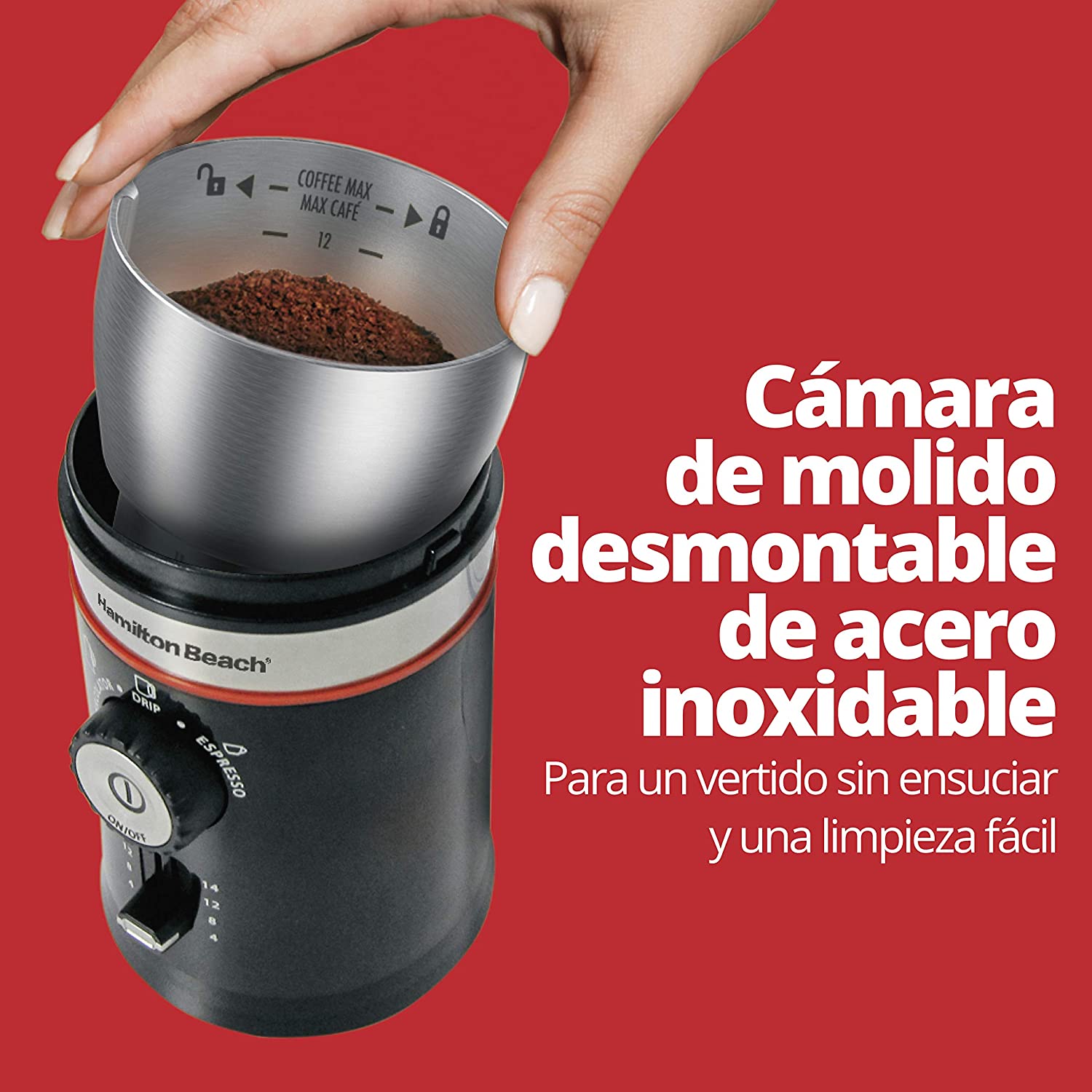 Hamilton Beach 80393 Molino de Café, Manos Libres, con Configuraciones de Tipo de Molido, Negro