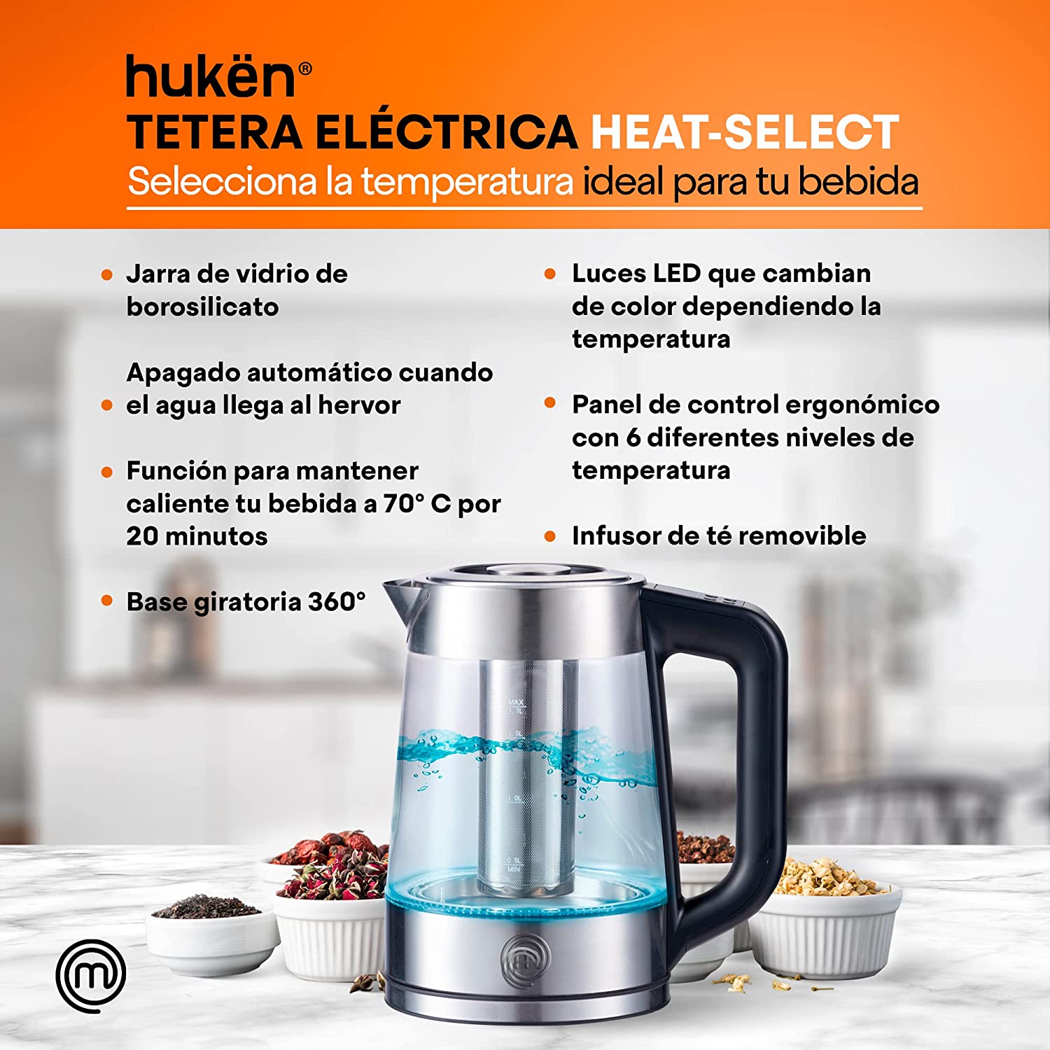 Tetera Eléctrica Masterchef 1.7 Litros Heat-Select Acero MK-K-2SP