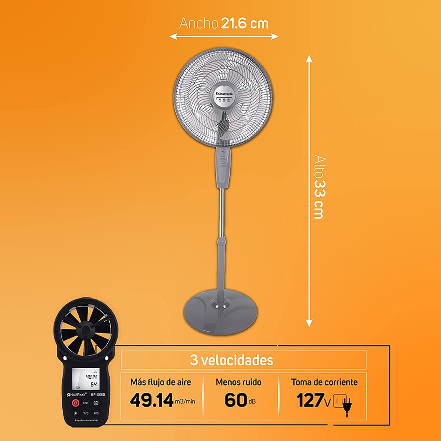 Taurus BOREAL Ventilador de Pedestal, ECOJET, 2 en 1 Pedestal o Pared, 16 Pulgadas, 6 Aspas, Base Redonda, 1.35 m de altura, Amigable con el medio ambiente