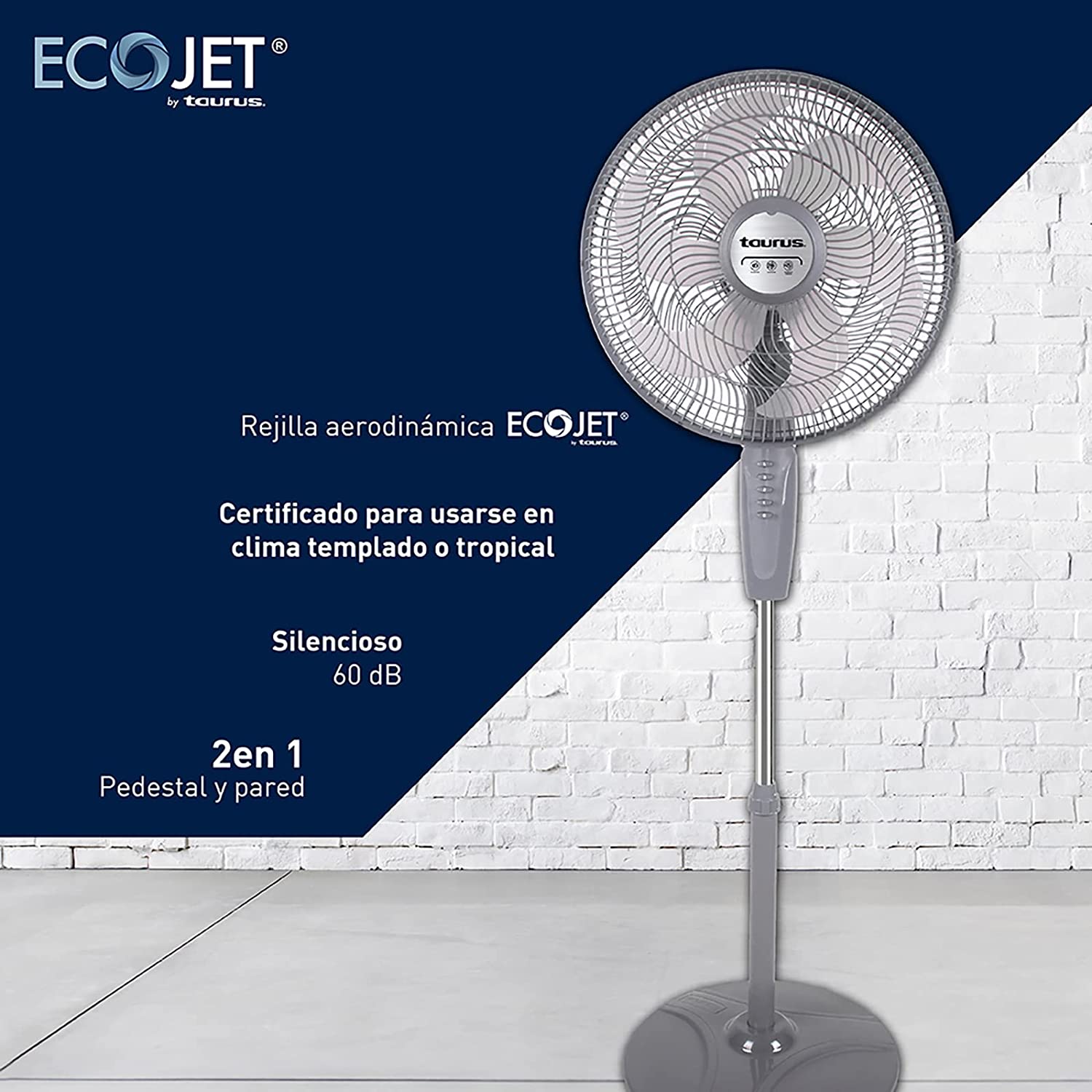 Taurus BOREAL Ventilador de Pedestal, ECOJET, 2 en 1 Pedestal o Pared, 16 Pulgadas, 6 Aspas, Base Redonda, 1.35 m de altura, Amigable con el medio ambiente