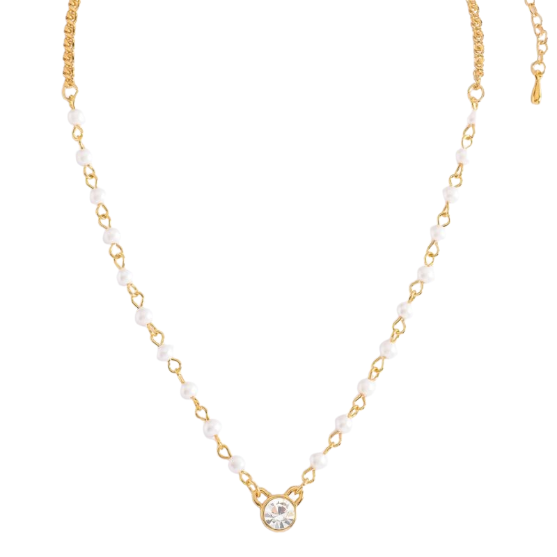 COLLAR NICE 4 BAÑOS DE ORO DE 18K CON PIEDRA COLOR CRISTAL Y PERLAS