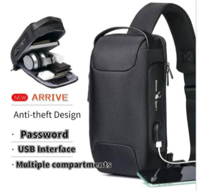 maleta pechera para hombre negra con candado e interfase USB marca weixier